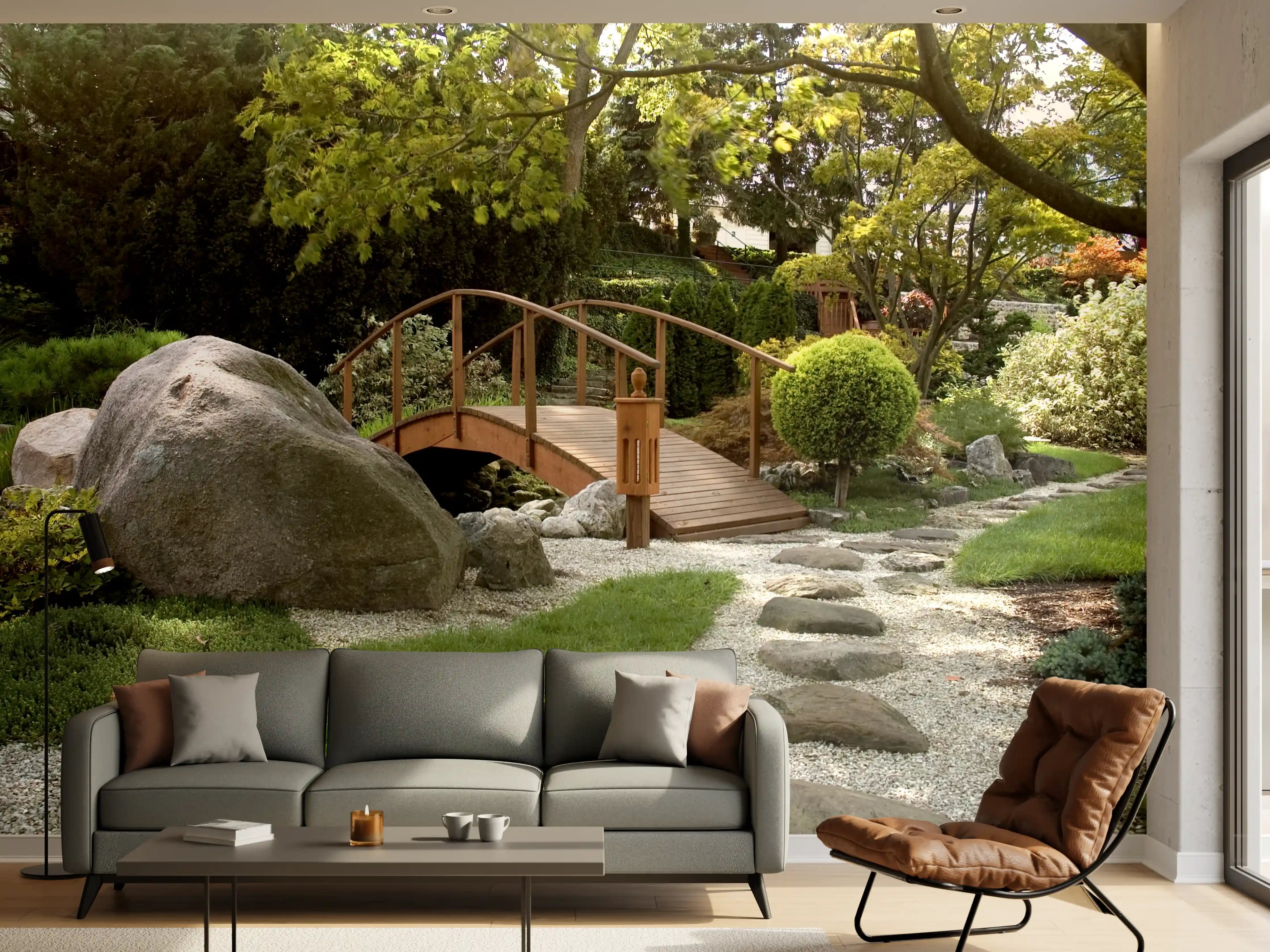 Wandverkleidung Wohnzimmer - Naturgarten mit Steinen und Brücke