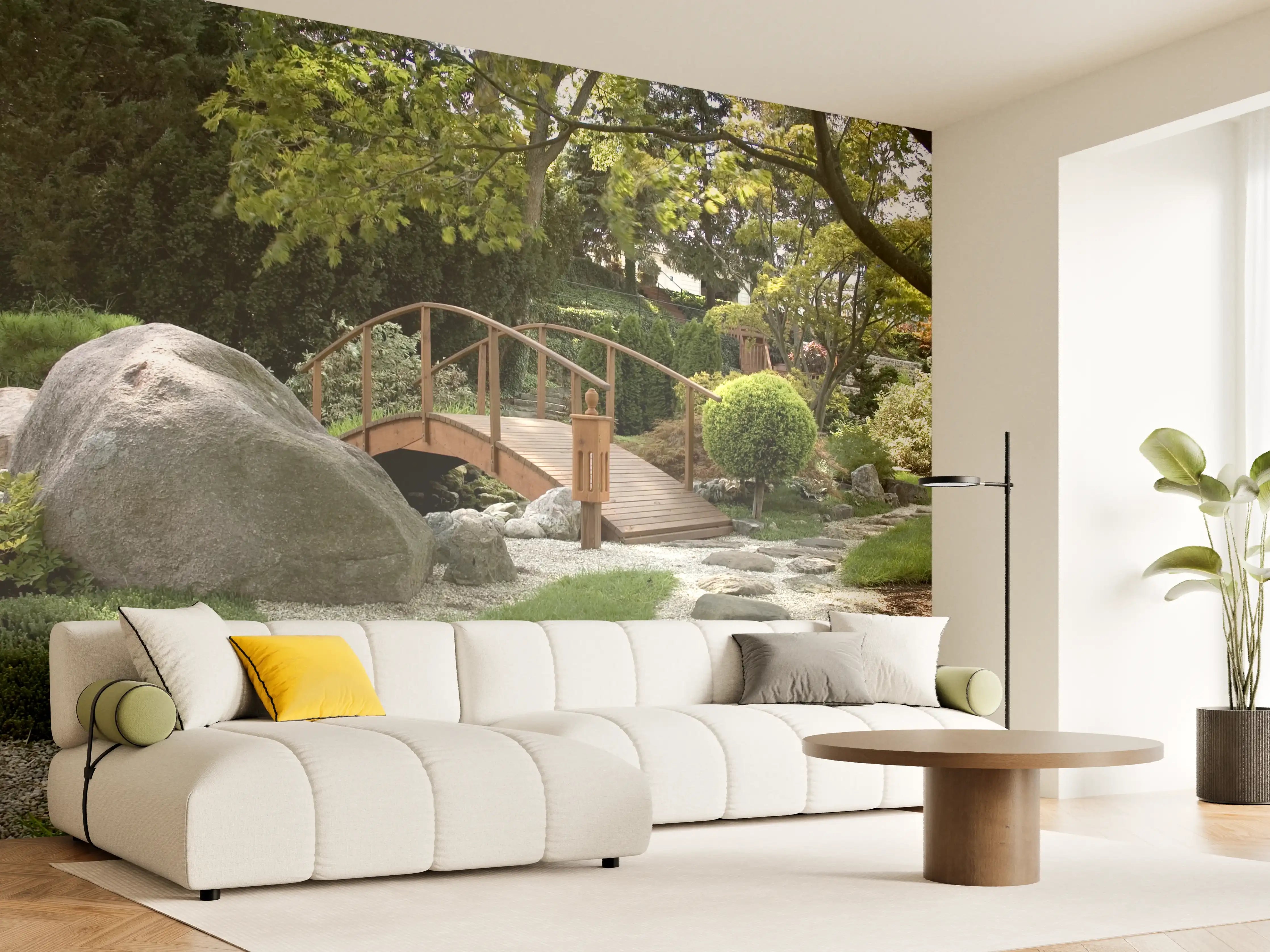 Wandverkleidung Wohnzimmer - Naturgarten mit Steinen und Brücke