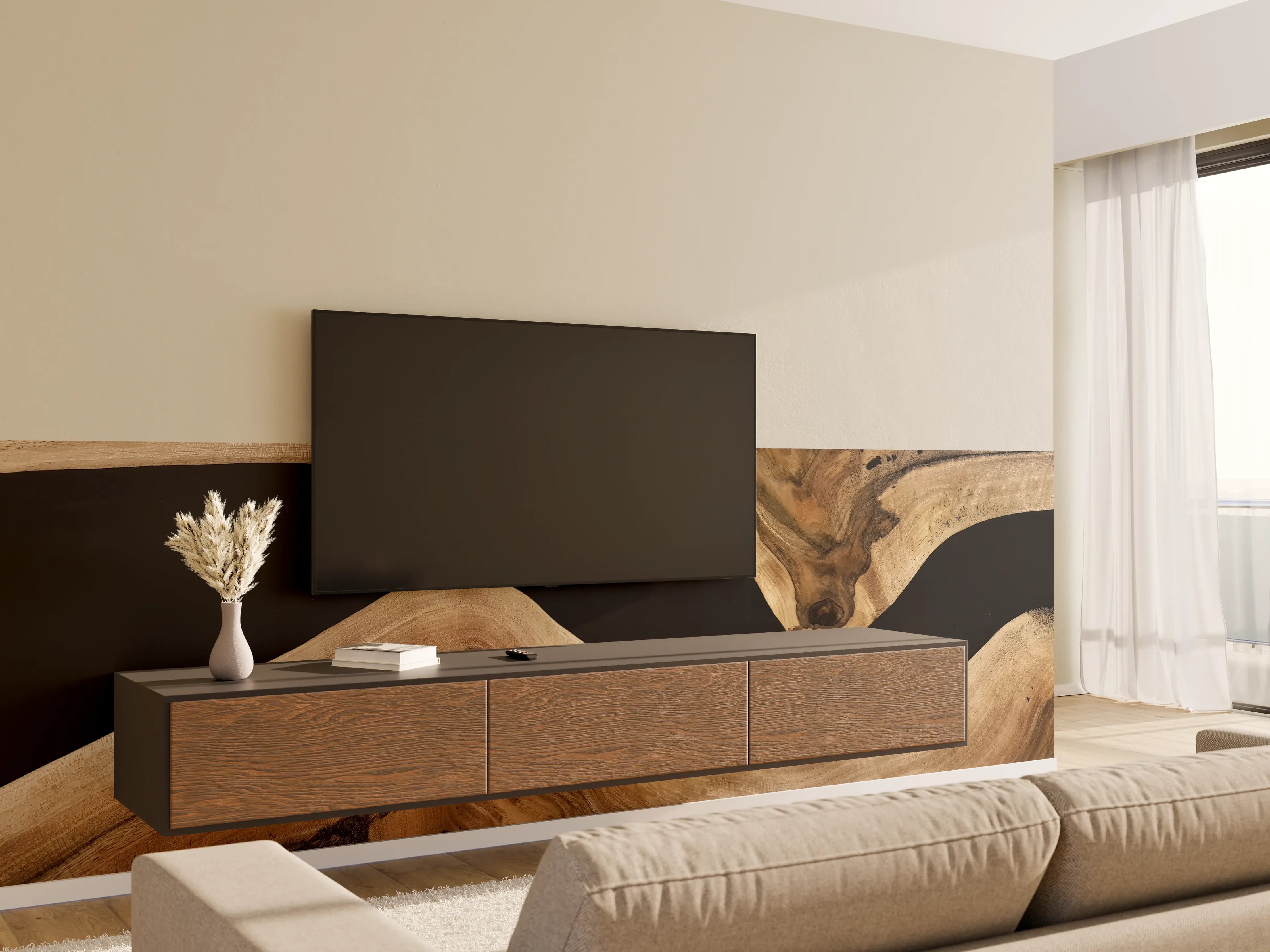 Wandverkleidung Wohnzimmer - Naturholz mit dunklem Hintergrund