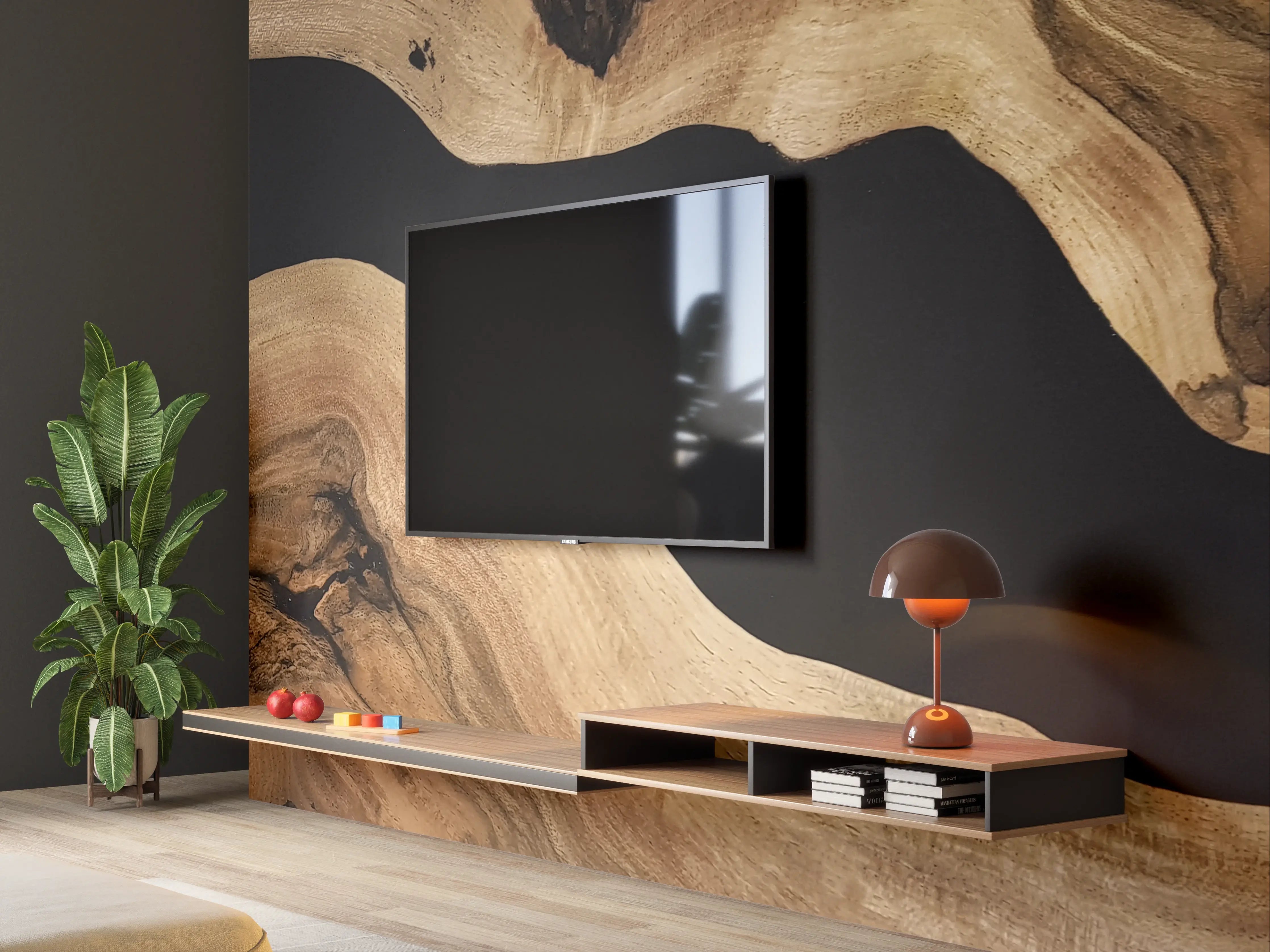 Wandverkleidung Wohnzimmer - Naturholz mit dunklem Hintergrund