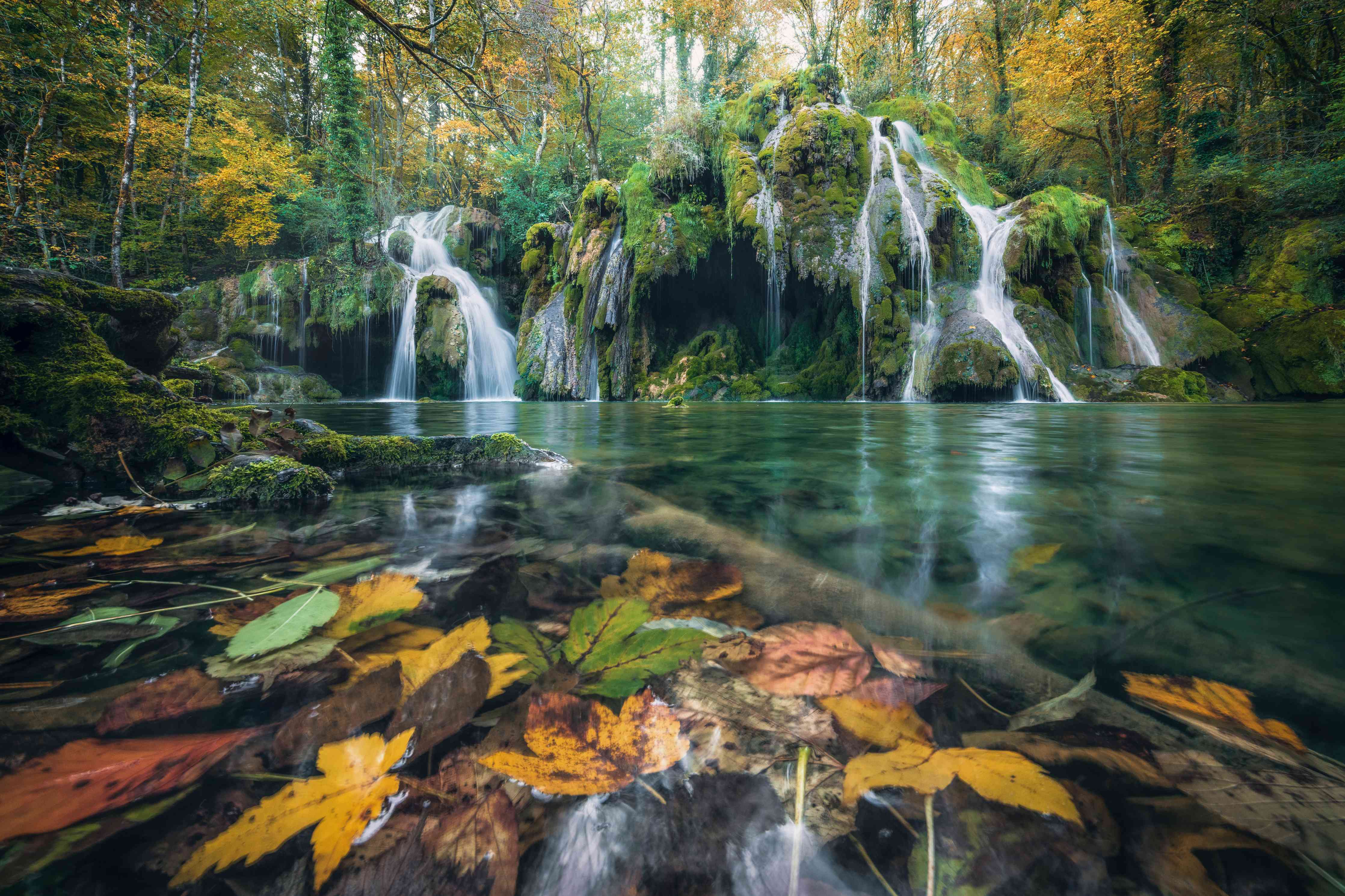 Wandverkleidung Wohnzimmer-Naturidyll mit Wasserfall und Herbstblättern
