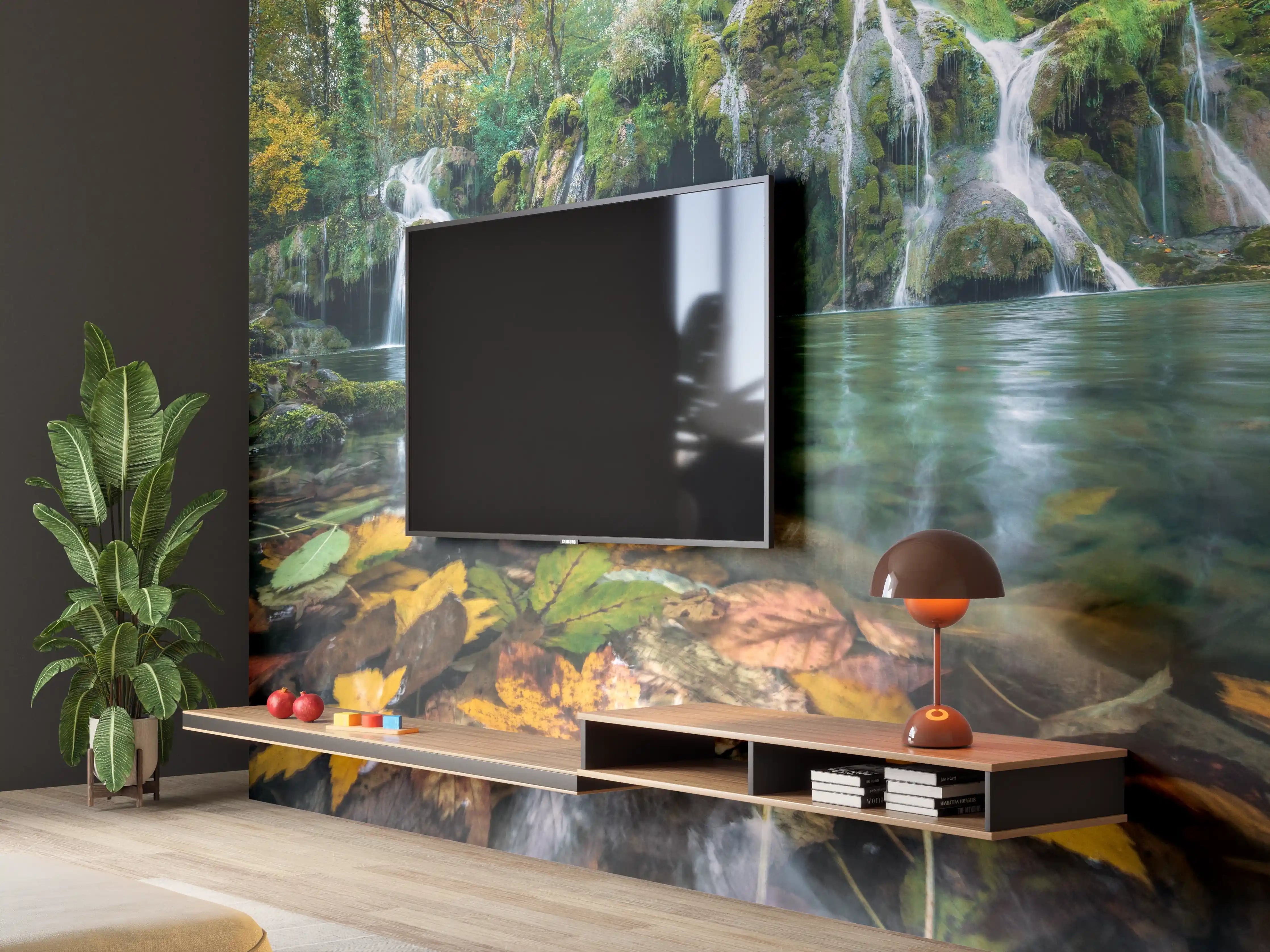 Wandverkleidung Wohnzimmer - Naturidyll mit Wasserfall und Herbstblättern