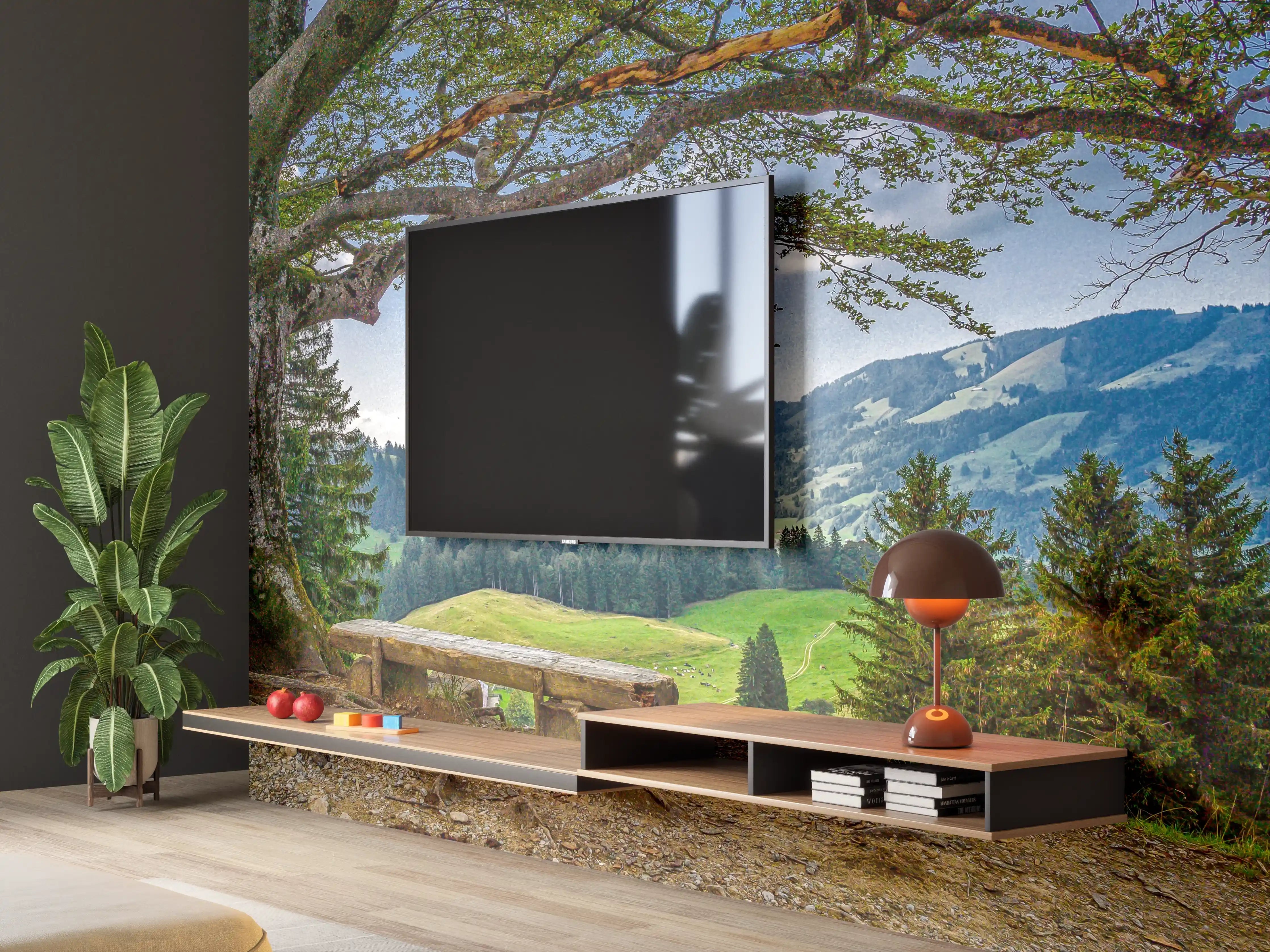 Wandverkleidung Wohnzimmer - Naturkulisse mit Baum und Bergblick