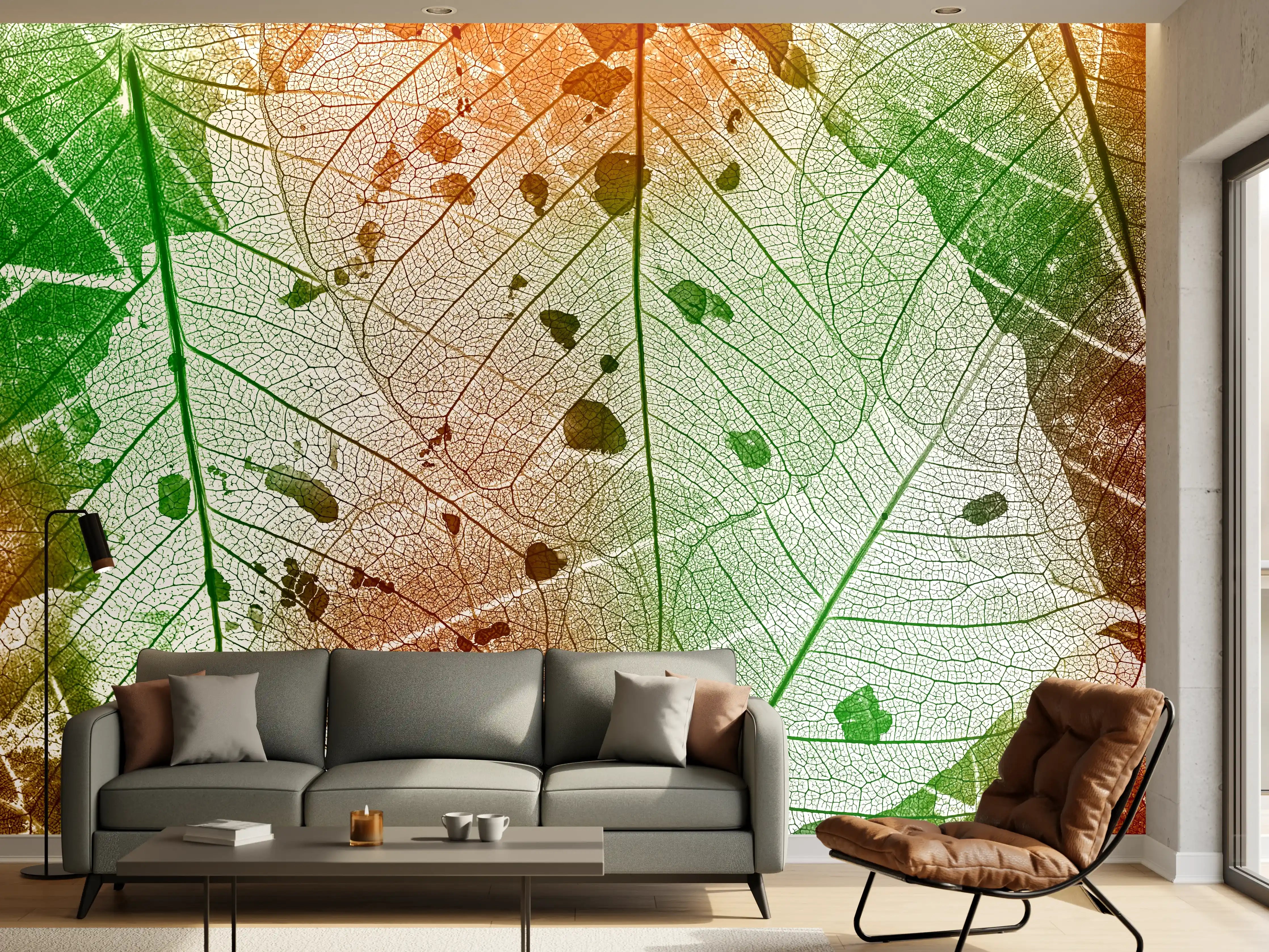 Wandverkleidung Wohnzimmer - Naturmotiv mit Blattstrukturen