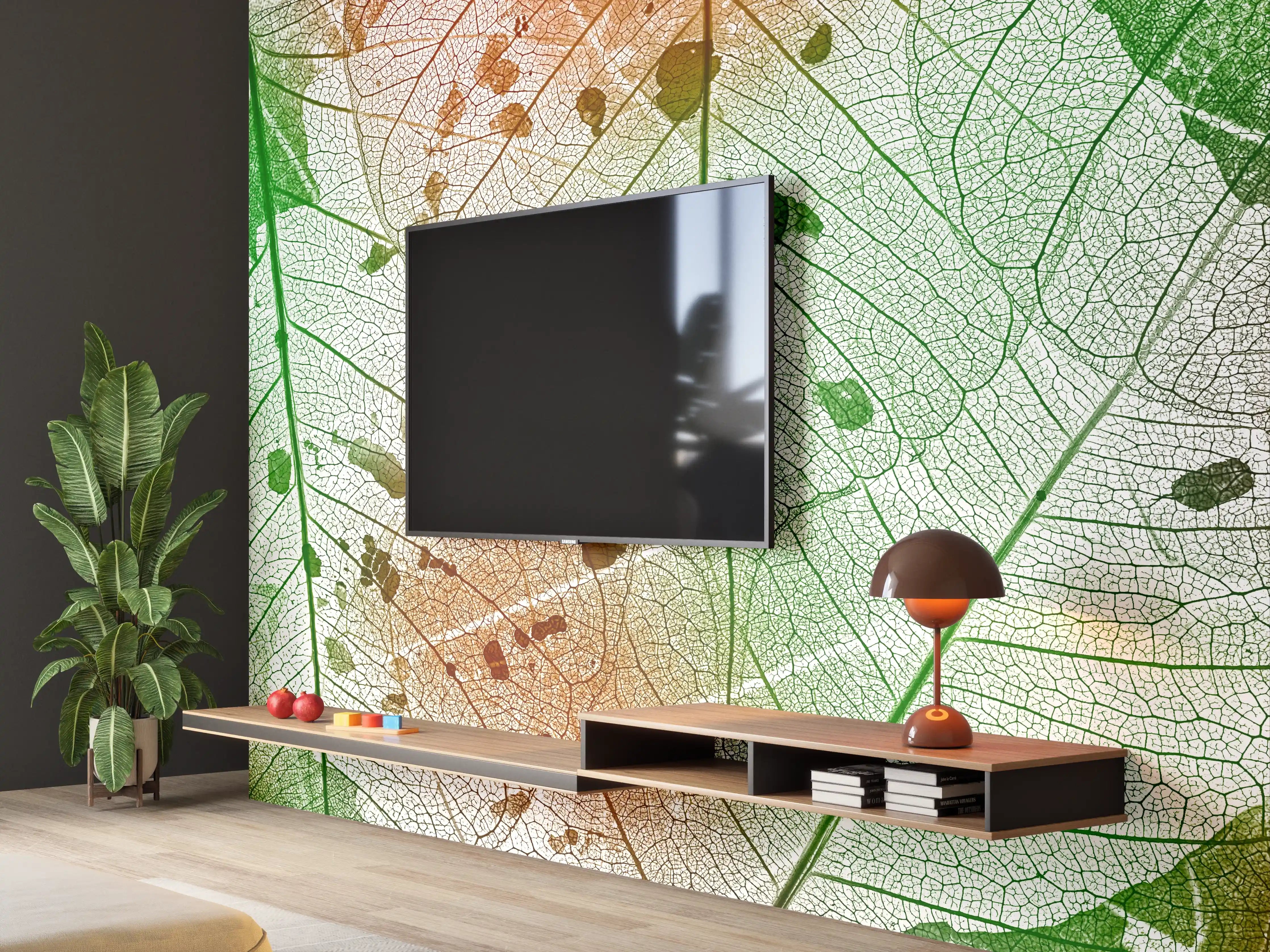 Wandverkleidung Wohnzimmer - Naturmotiv mit Blattstrukturen