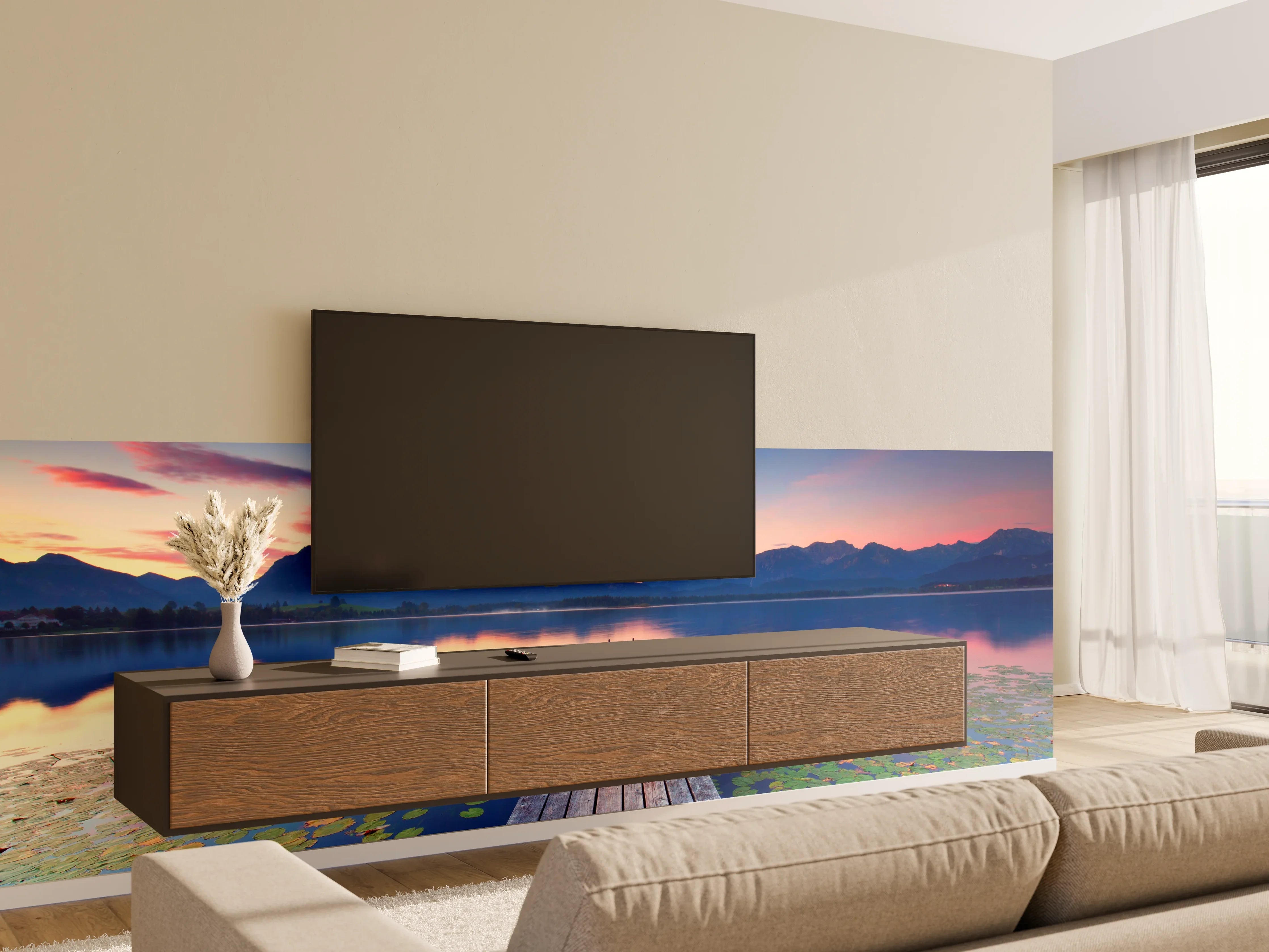 Wandverkleidung Wohnzimmer - Naturpanorama am See bei Sonnenuntergang
