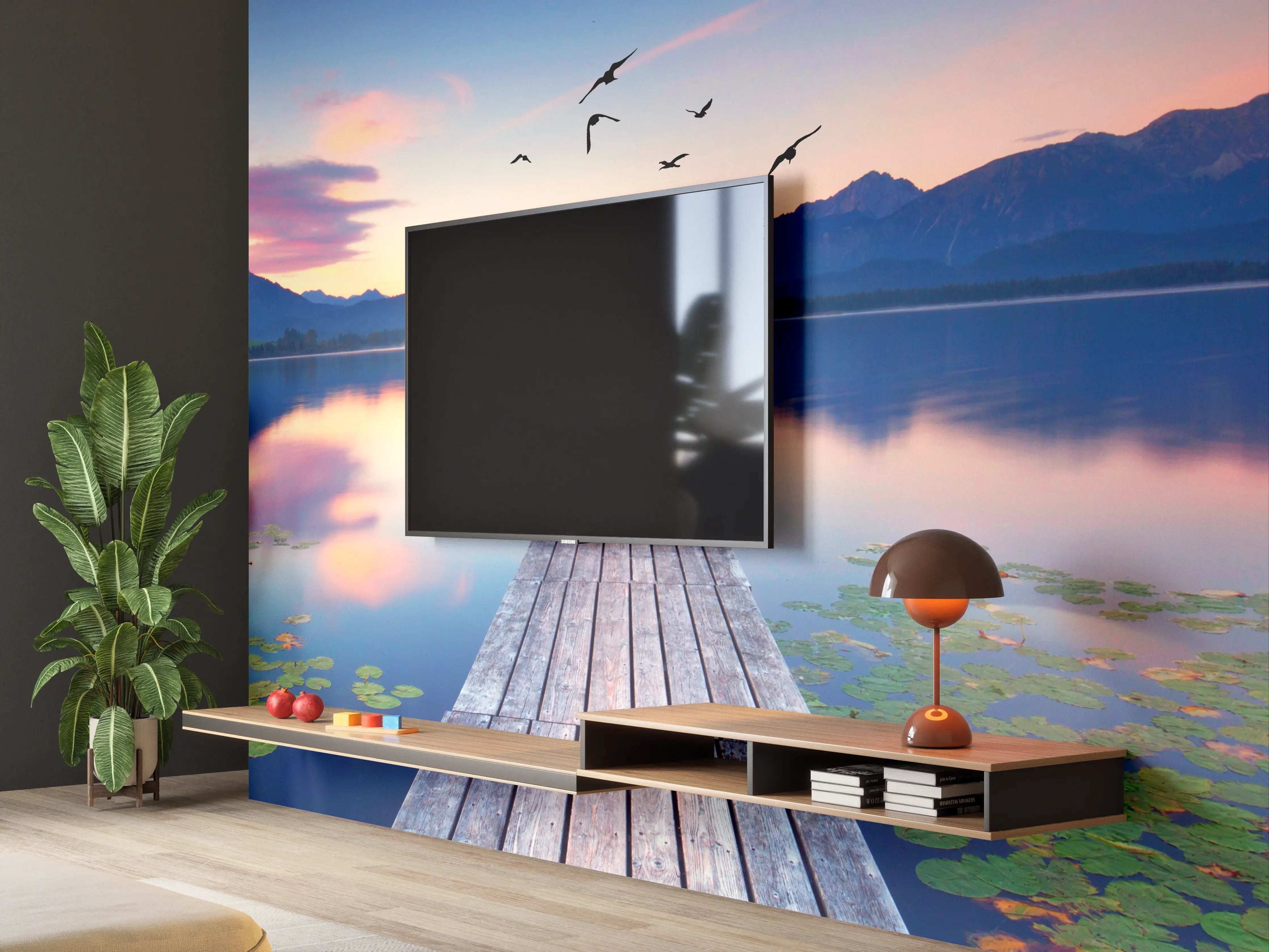 Wandverkleidung Wohnzimmer - Naturpanorama am See bei Sonnenuntergang