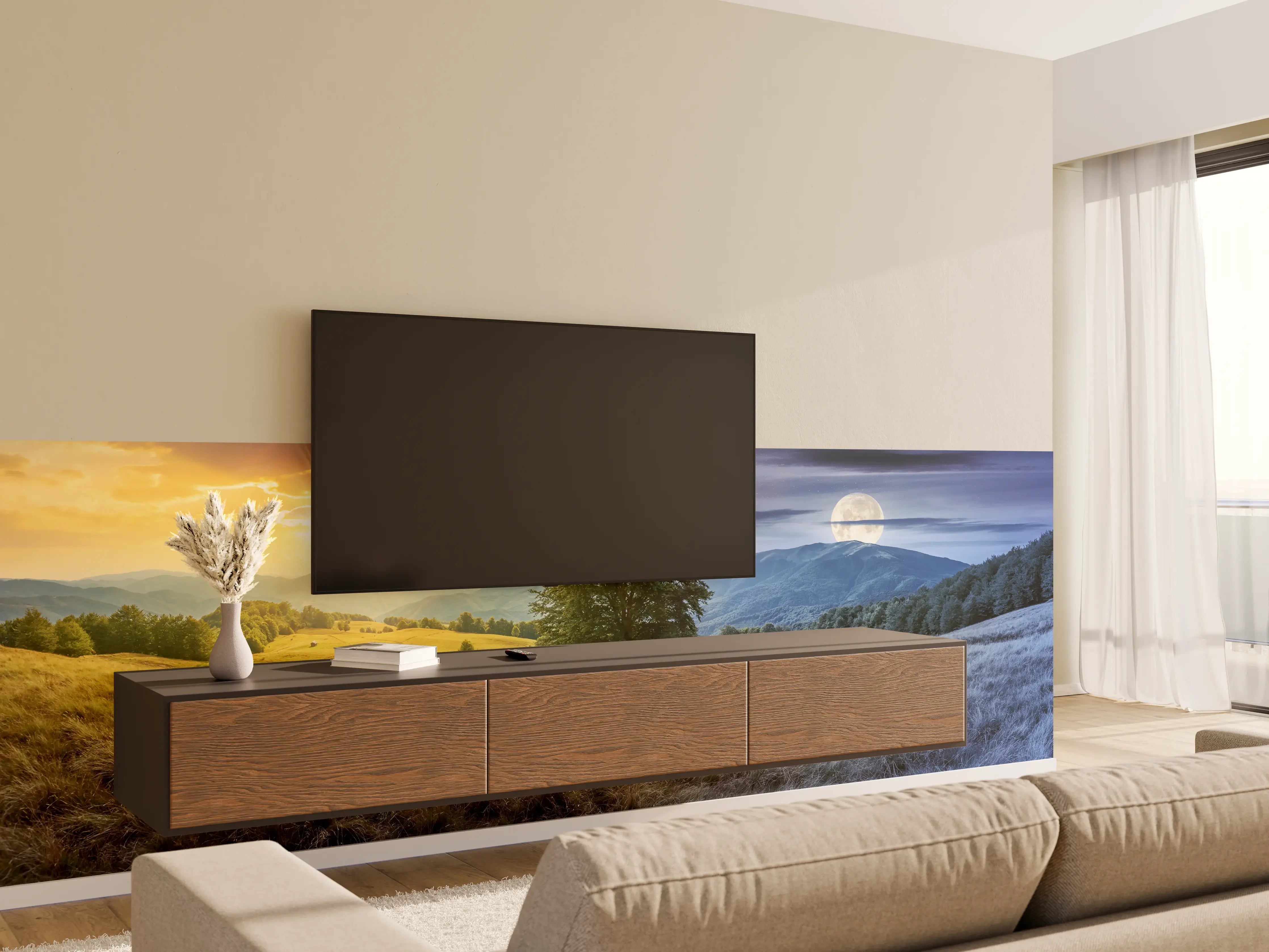 Wandverkleidung Wohnzimmer - Naturpanorama bei Sonnenaufgang und Vollmond