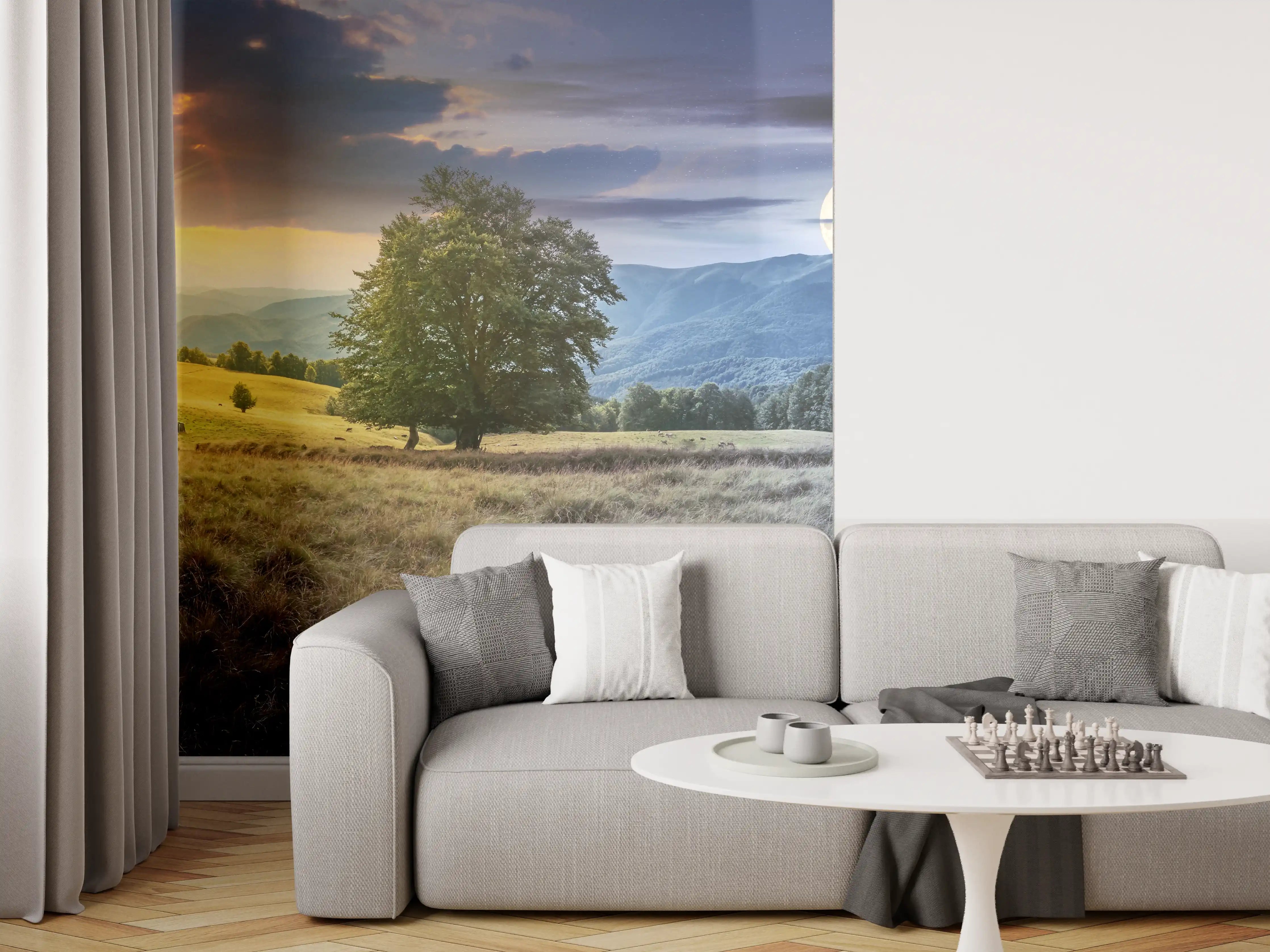 Wandverkleidung Wohnzimmer - Naturpanorama bei Sonnenaufgang und Vollmond