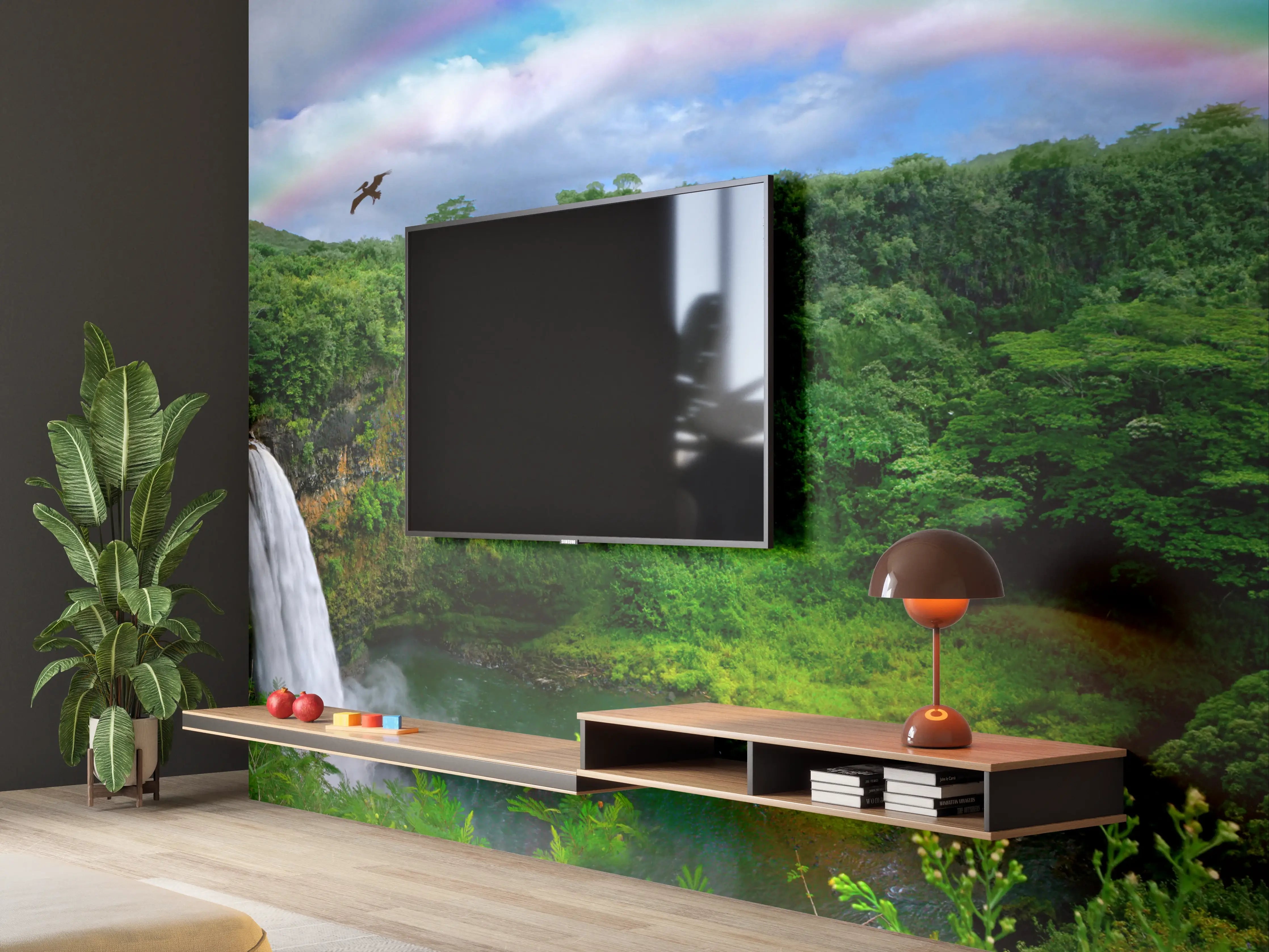 Wandverkleidung Wohnzimmer - Naturparadies mit Wasserfall und Regenbogen