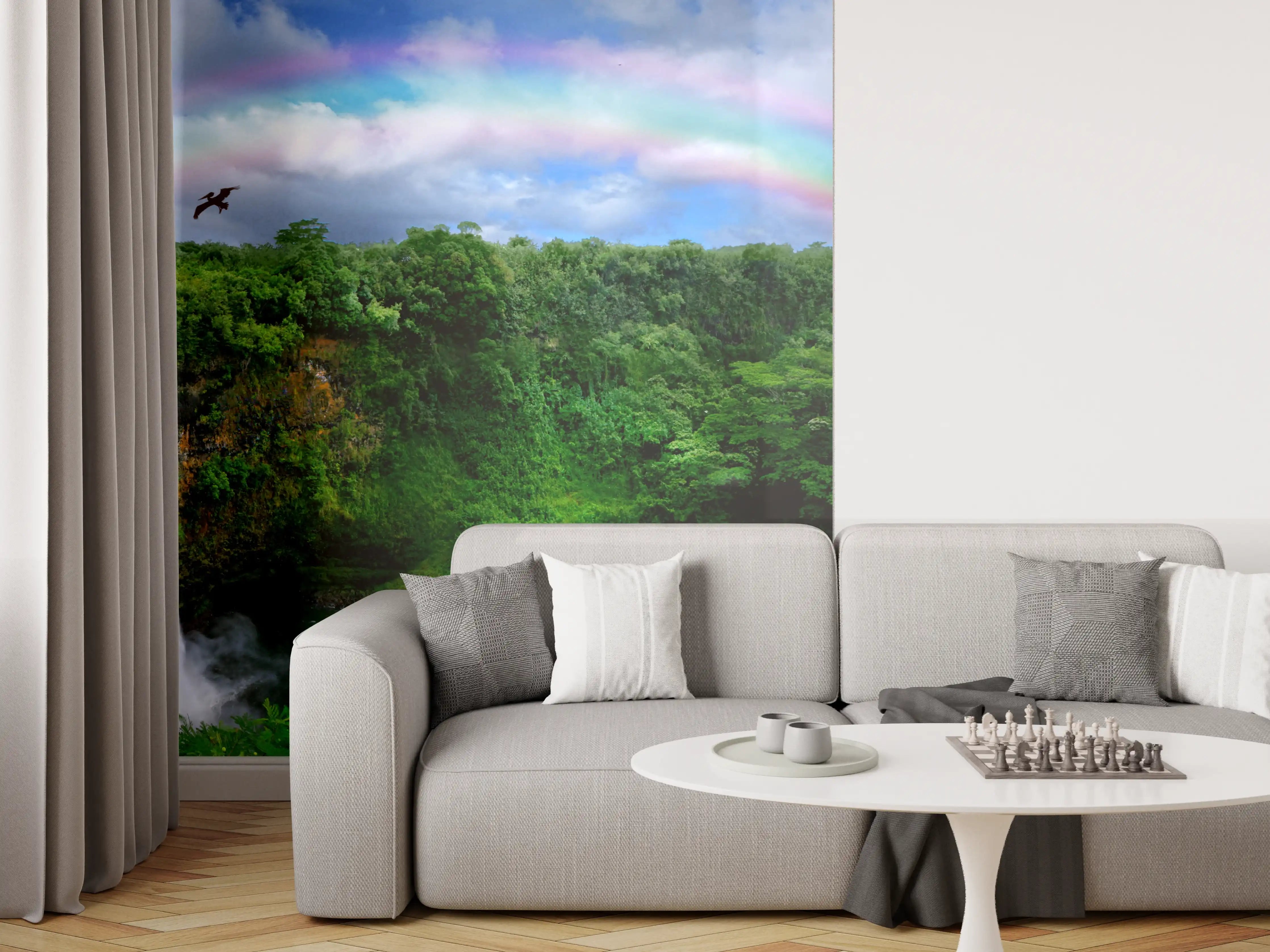 Wandverkleidung Wohnzimmer - Naturparadies mit Wasserfall und Regenbogen