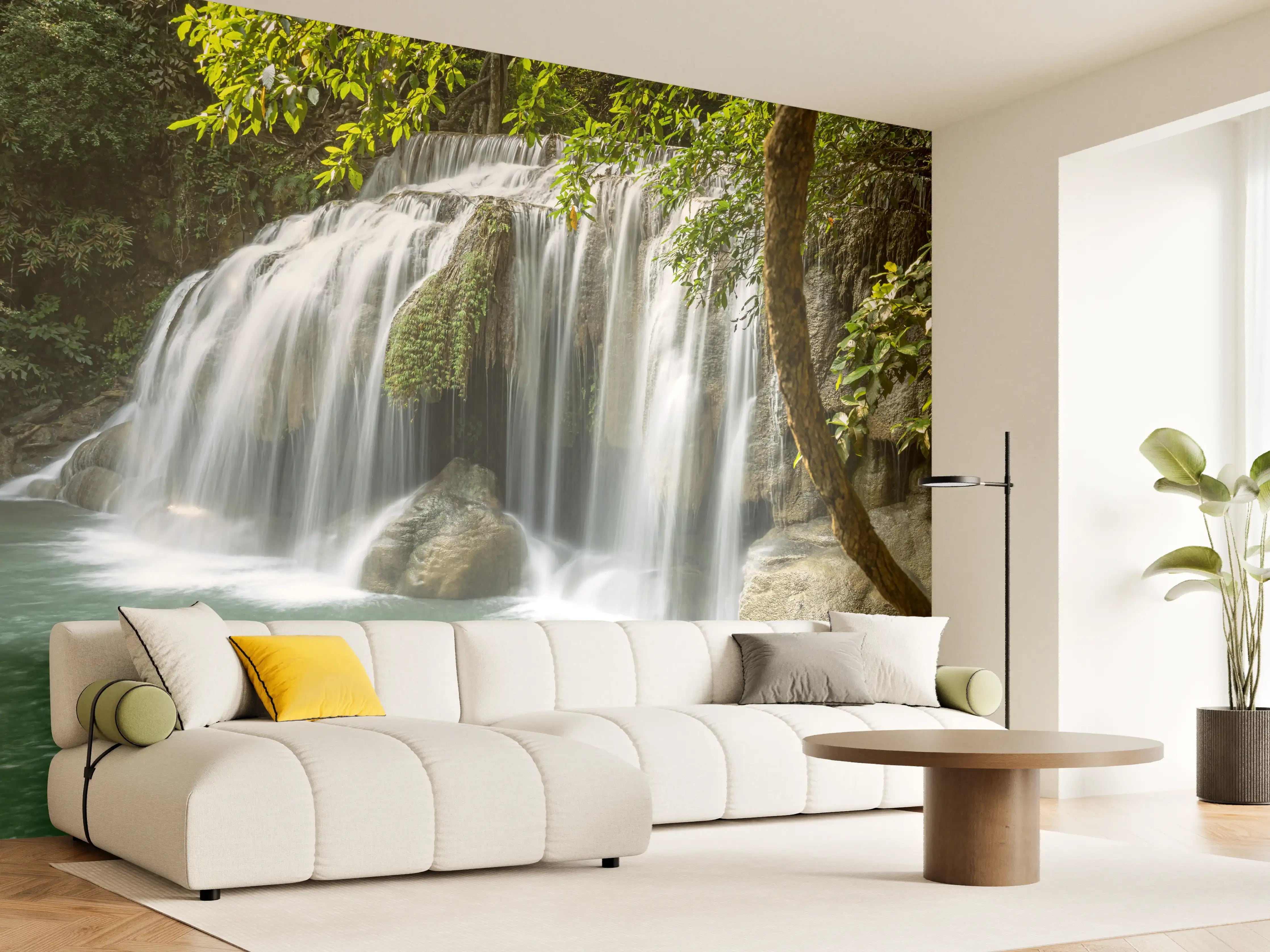 Wandverkleidung Wohnzimmer - Naturpool mit Wasserfall in grünem Dschungel