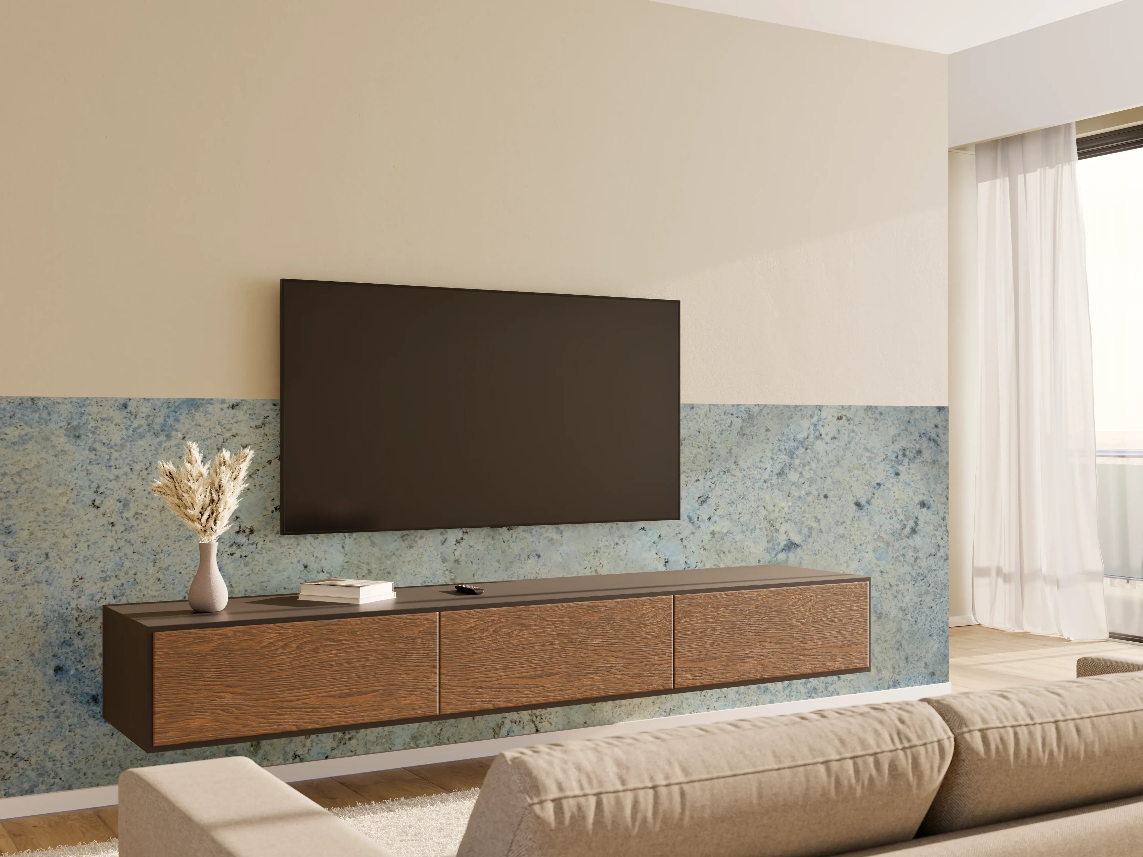 Wandverkleidung Wohnzimmer - Naturstein Design in Blau und Grau