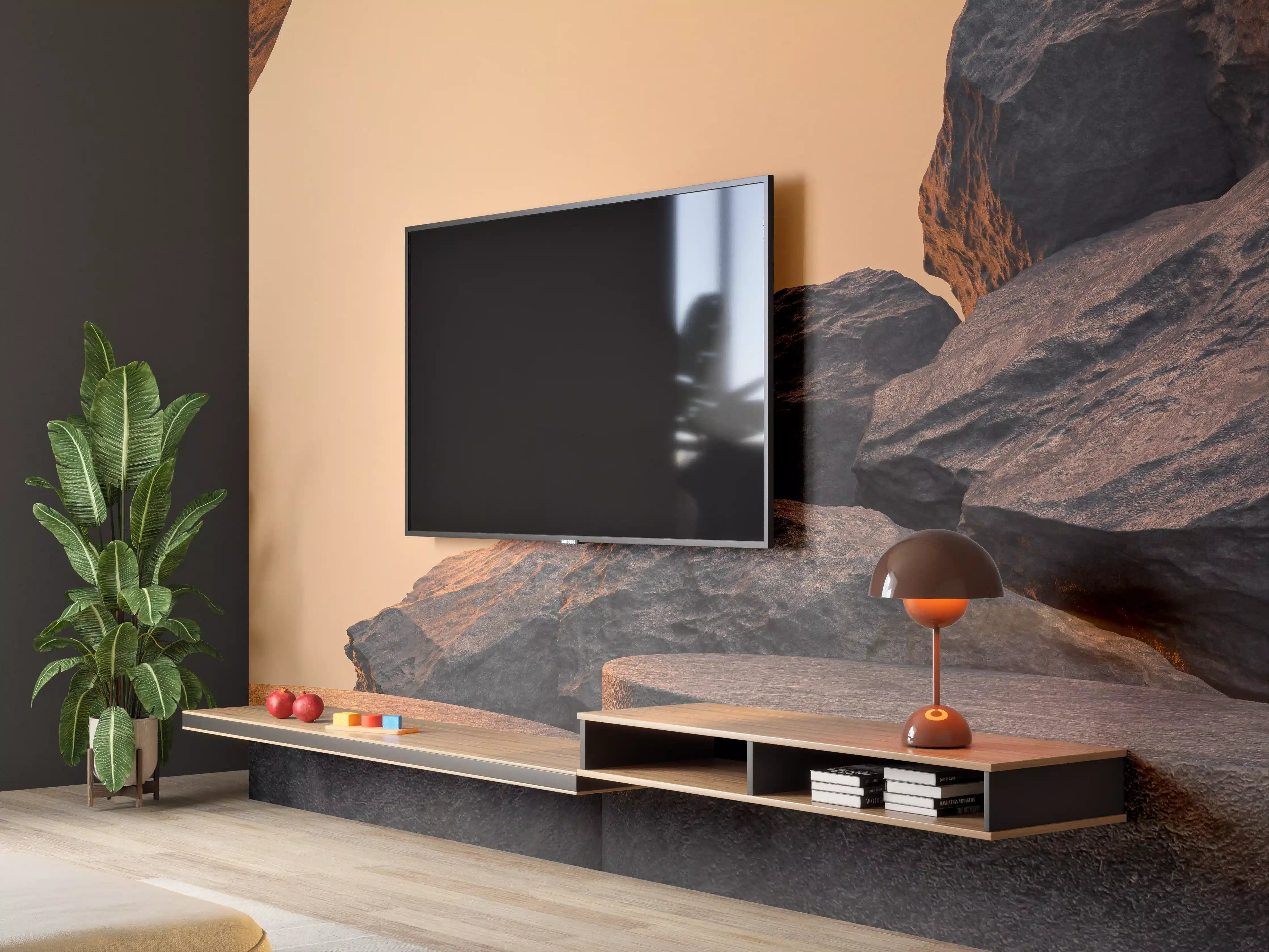 Wandverkleidung Wohnzimmer - Naturstein-Kunstwerk im Sonnenuntergang