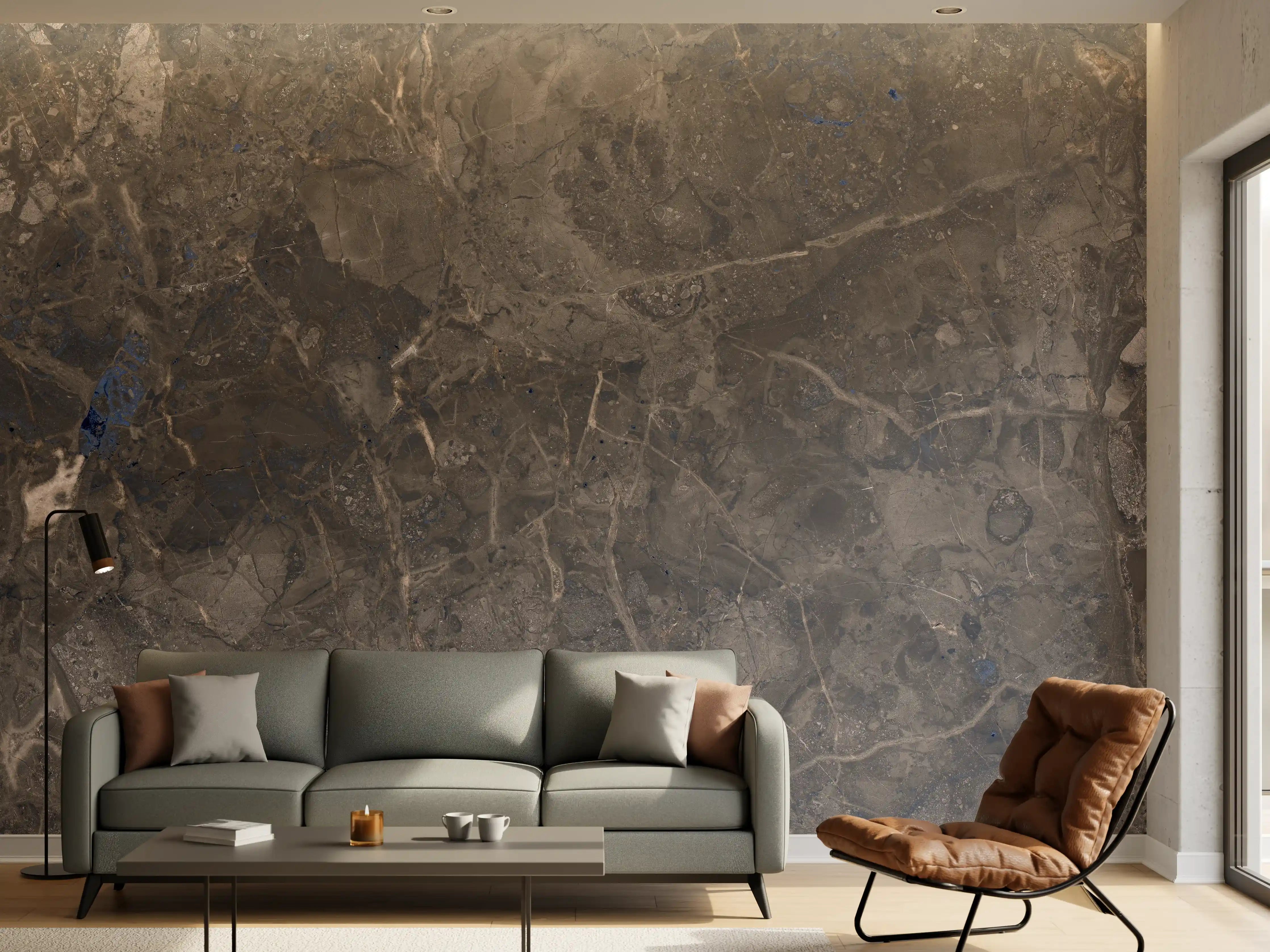Wandverkleidung Wohnzimmer - Natursteinfliese in dunklem Braun