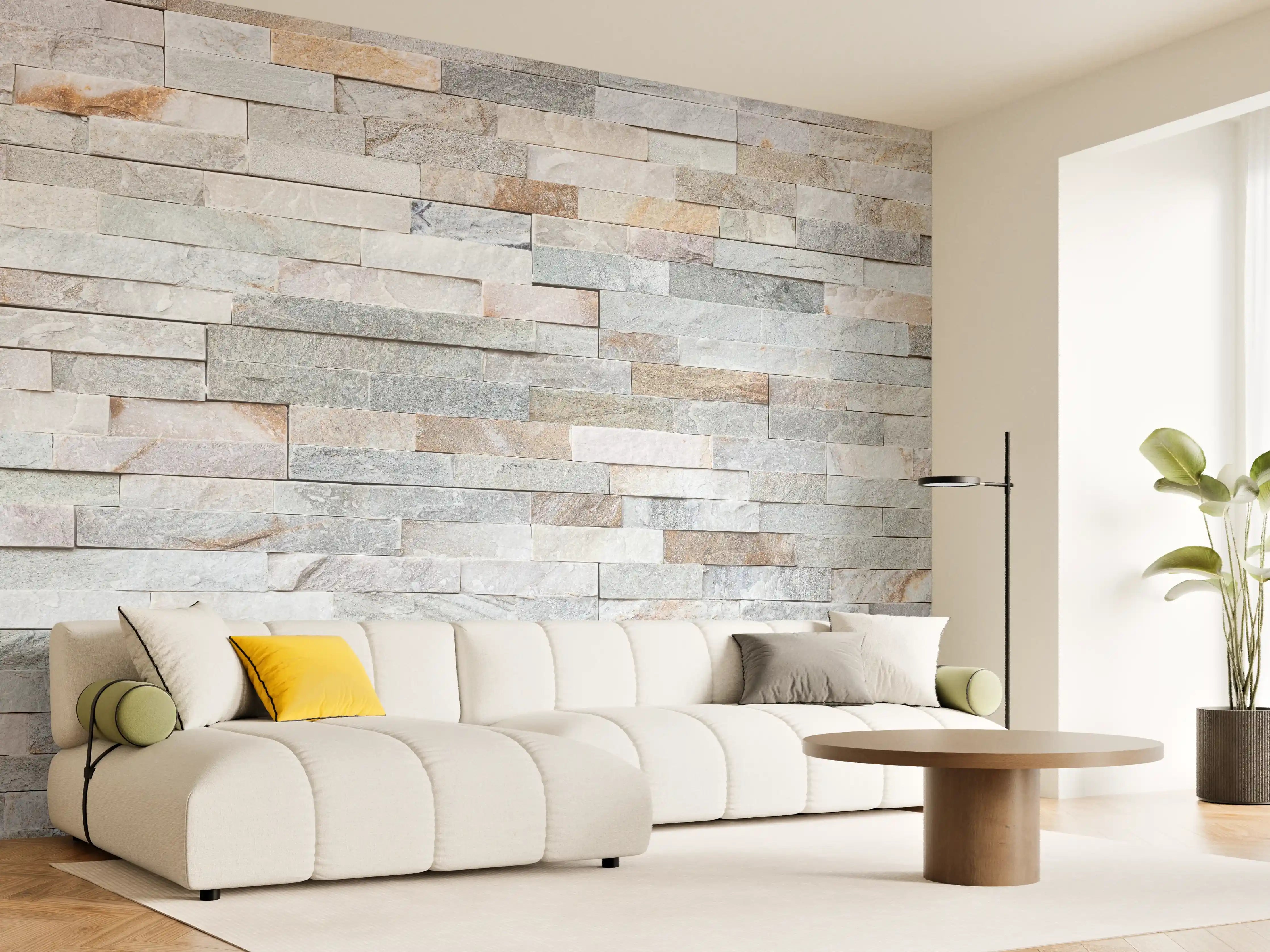 Wandverkleidung Wohnzimmer - Natursteinwand in natürlichem Farbton