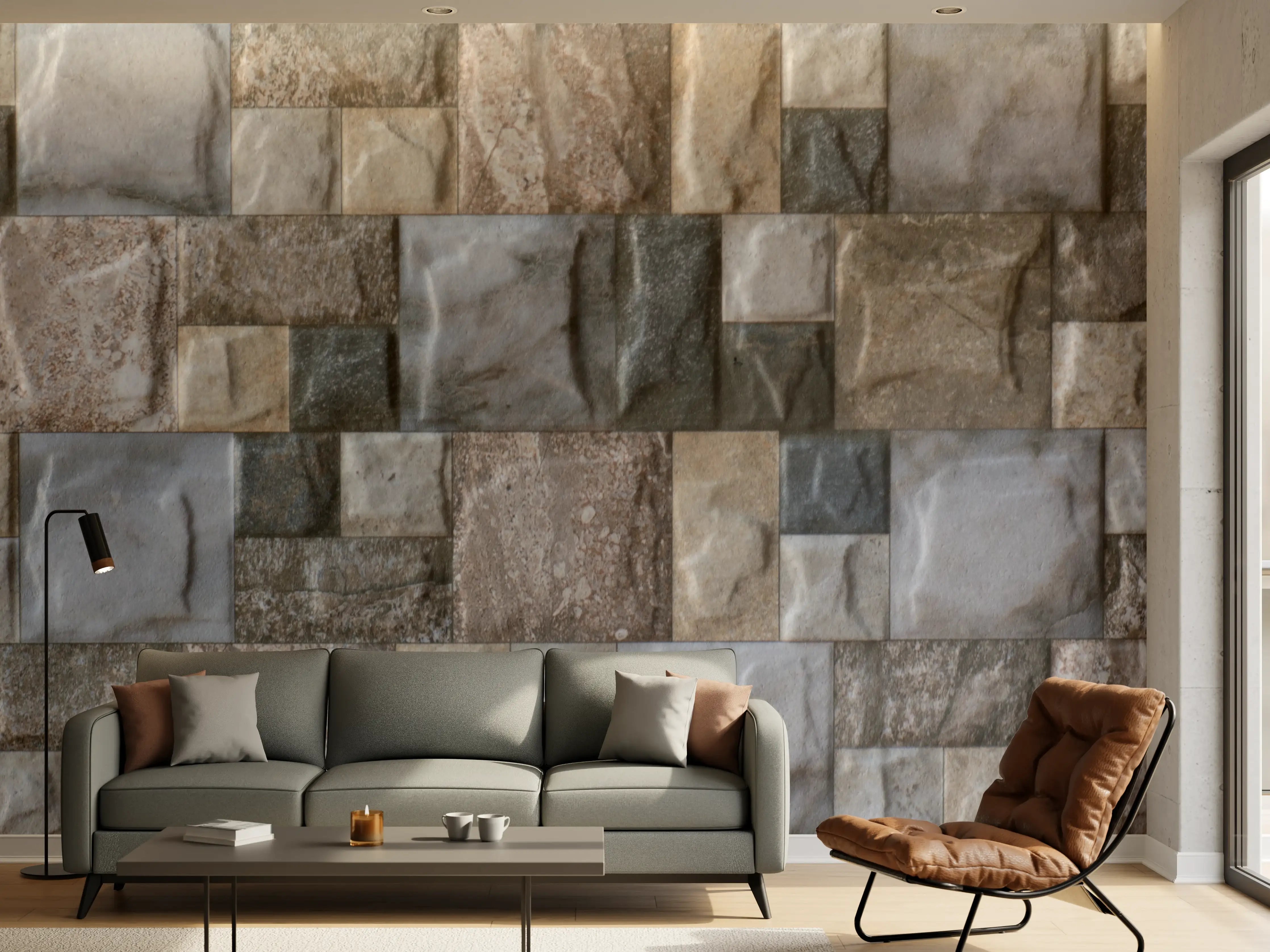 Wandverkleidung Wohnzimmer - Natursteinwand in neutralen Farben