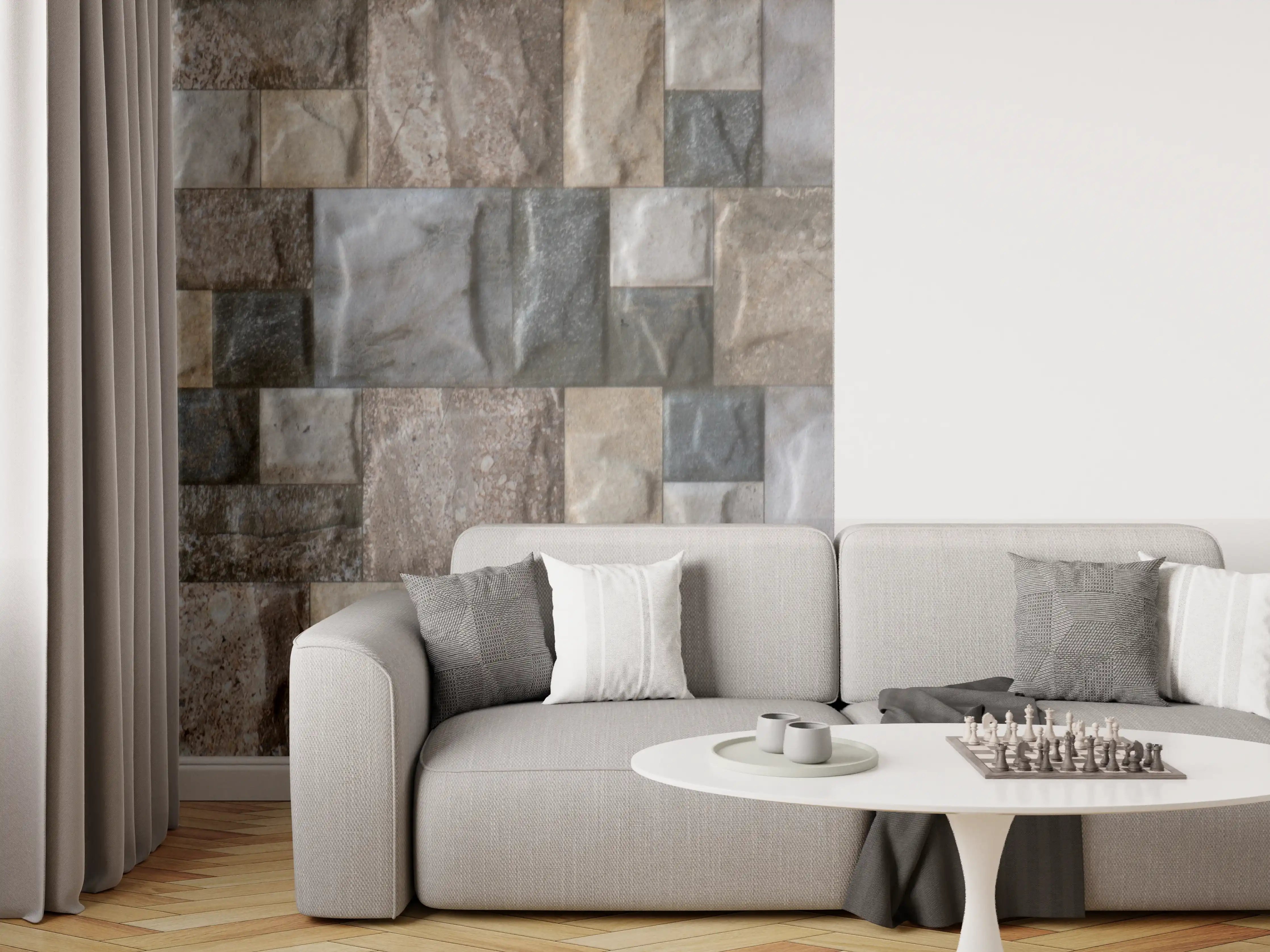 Wandverkleidung Wohnzimmer - Natursteinwand in neutralen Farben