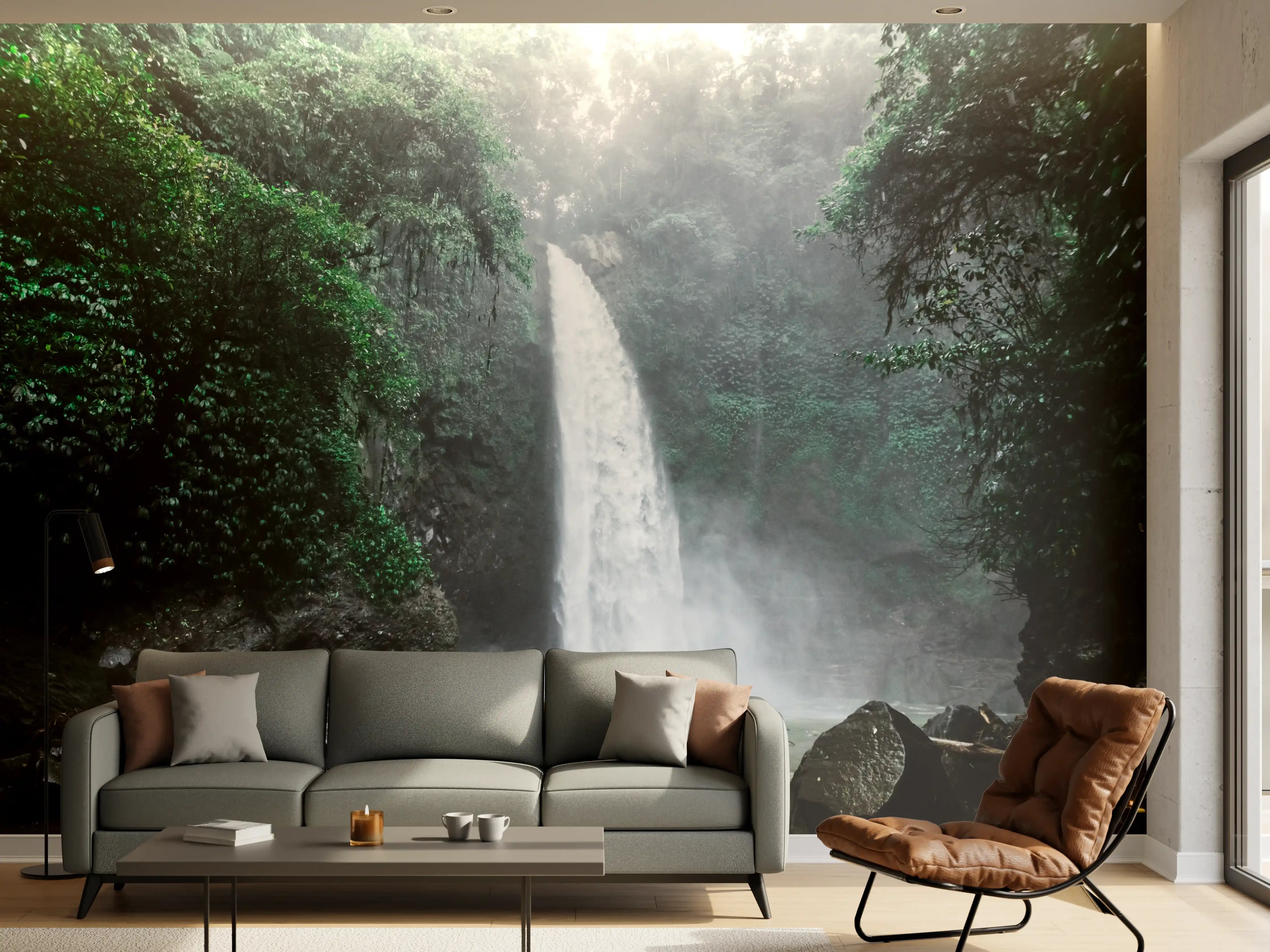 Wandverkleidung Wohnzimmer - Naturwasserfall im Dschungel