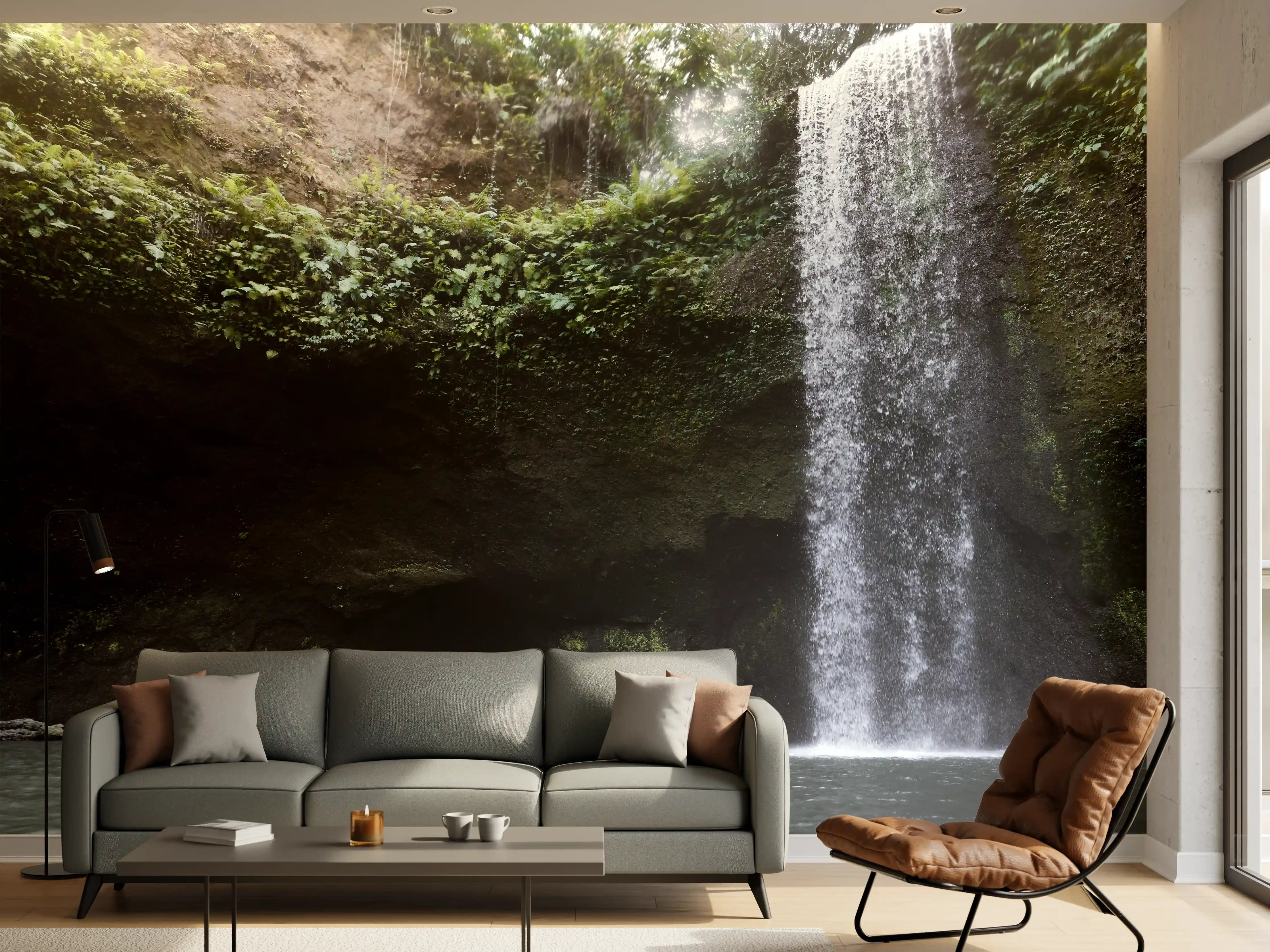 Wandverkleidung Wohnzimmer - Naturwasserfall in Grünlandschaft