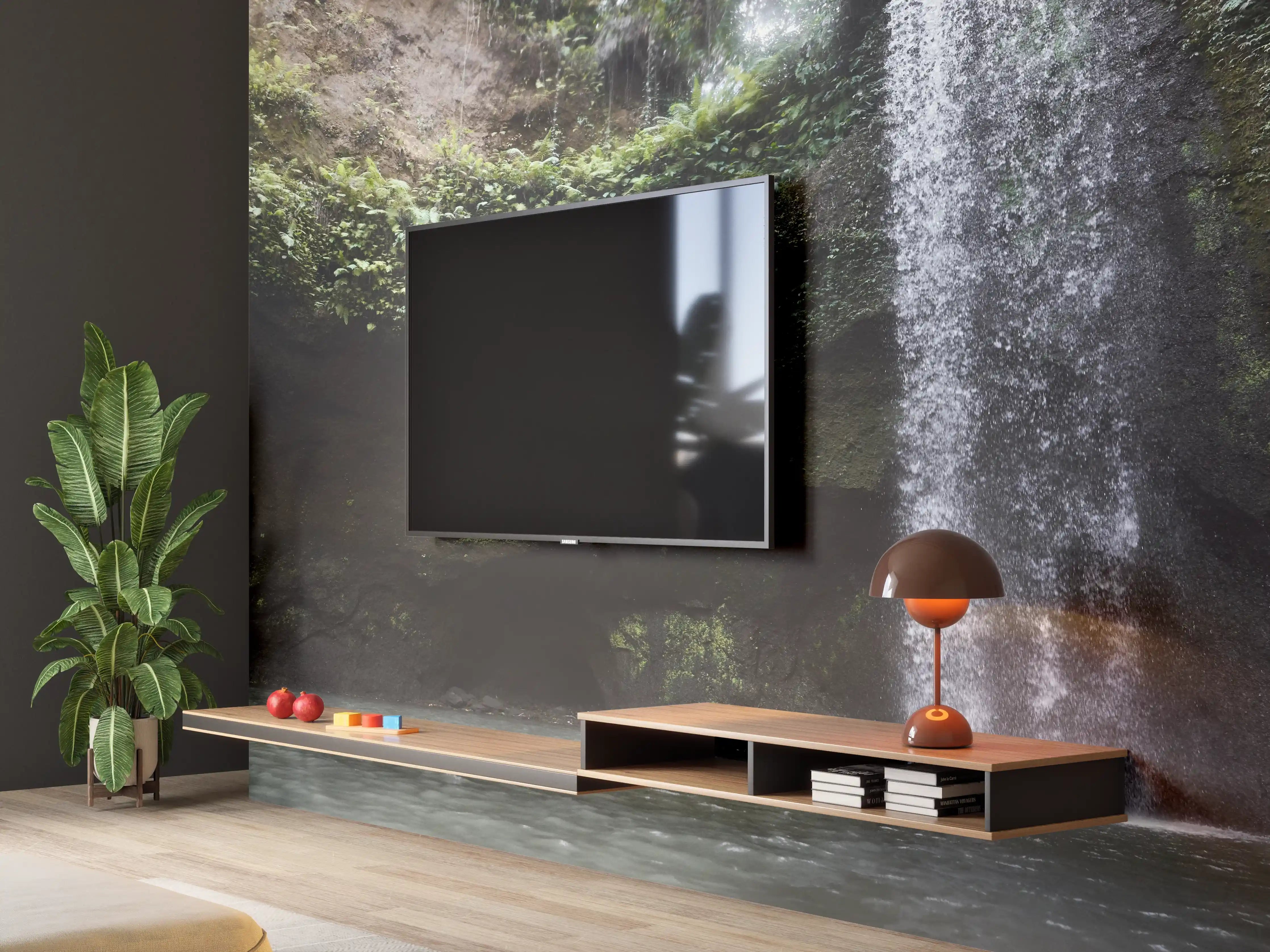 Wandverkleidung Wohnzimmer - Naturwasserfall in Grünlandschaft