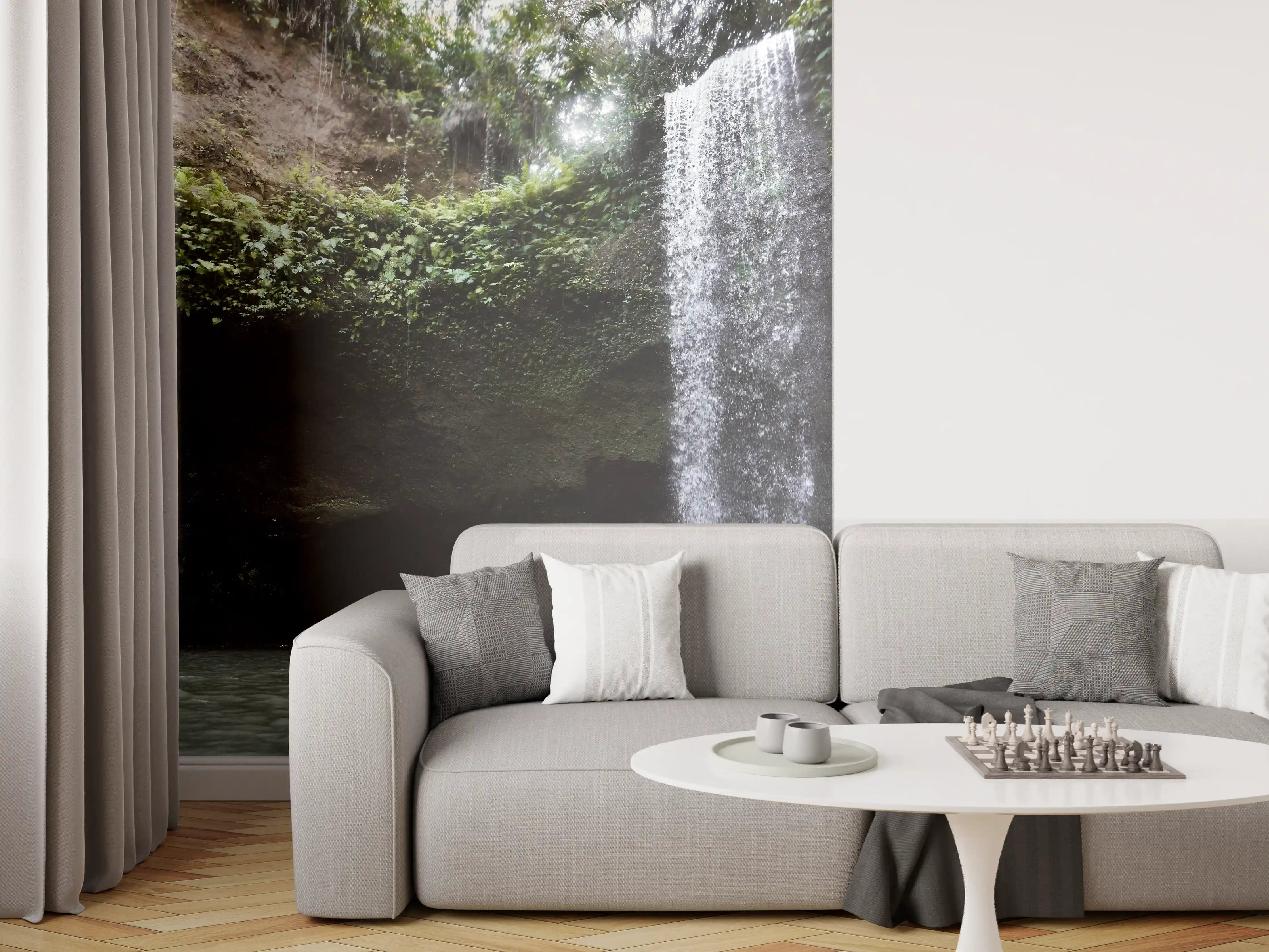 Wandverkleidung Wohnzimmer - Naturwasserfall in Grünlandschaft