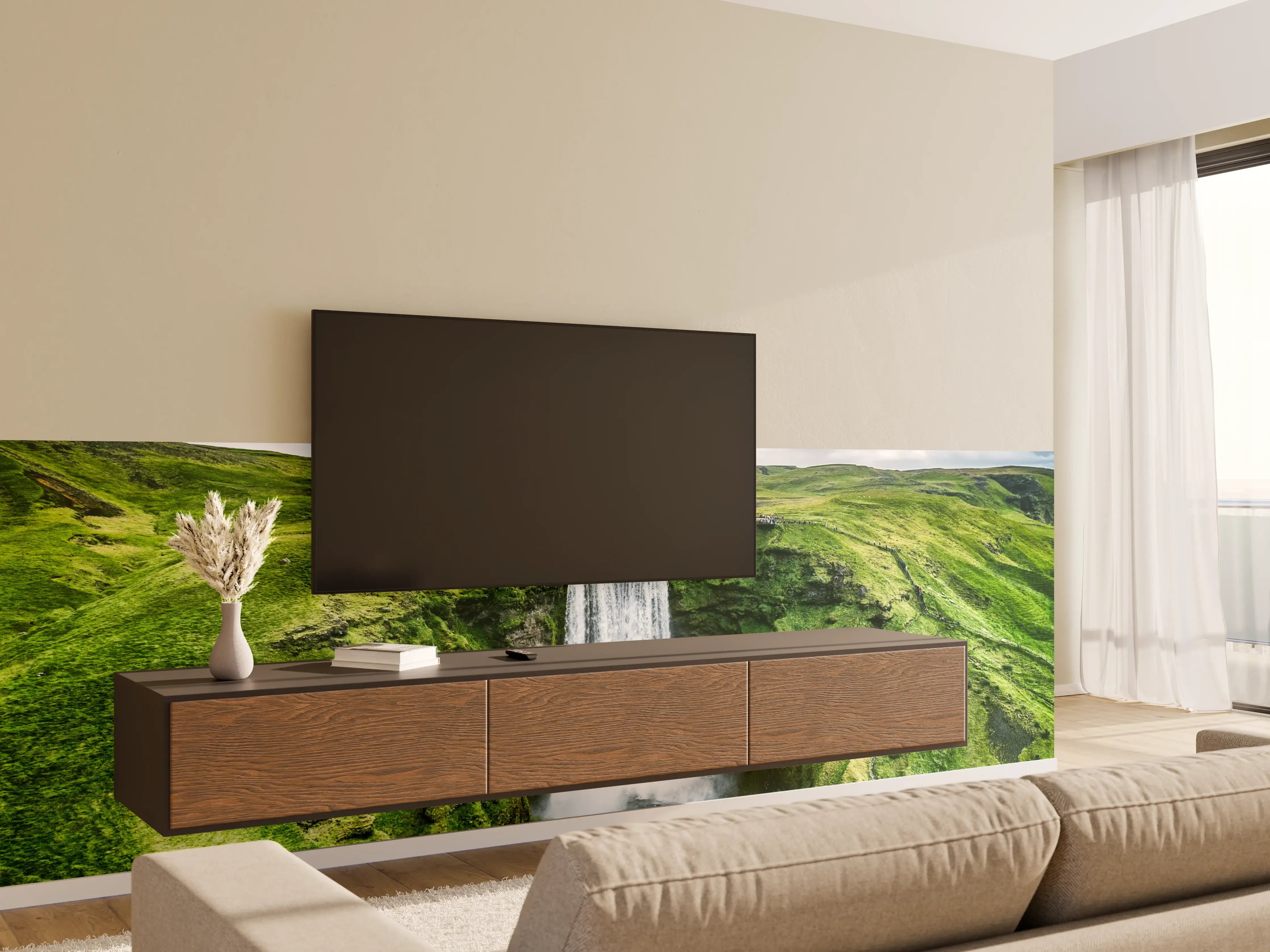 Wandverkleidung Wohnzimmer - Naturwasserfall in grüner Landschaft