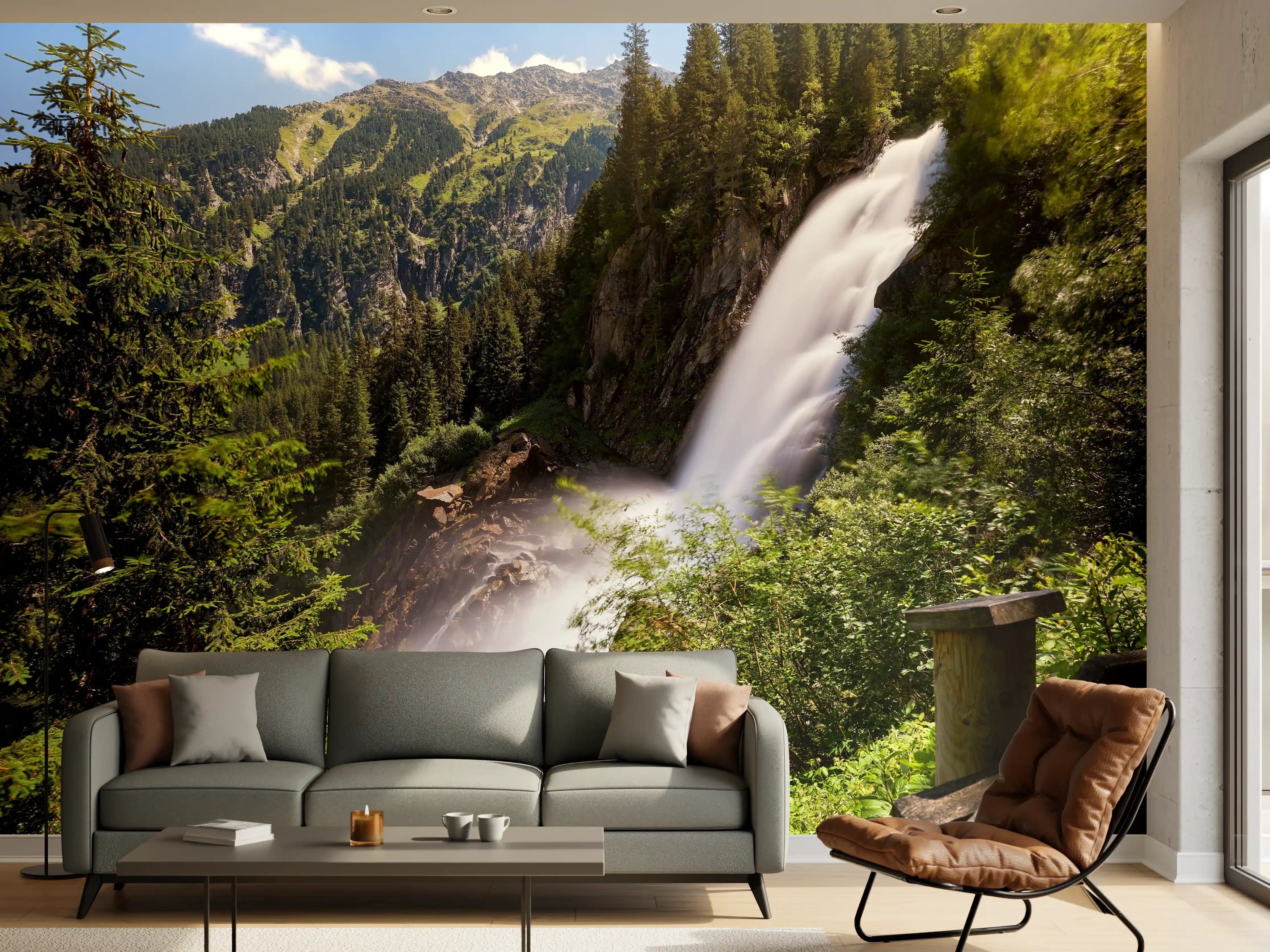 Wandverkleidung Wohnzimmer - Naturwasserfall inmitten der Berge