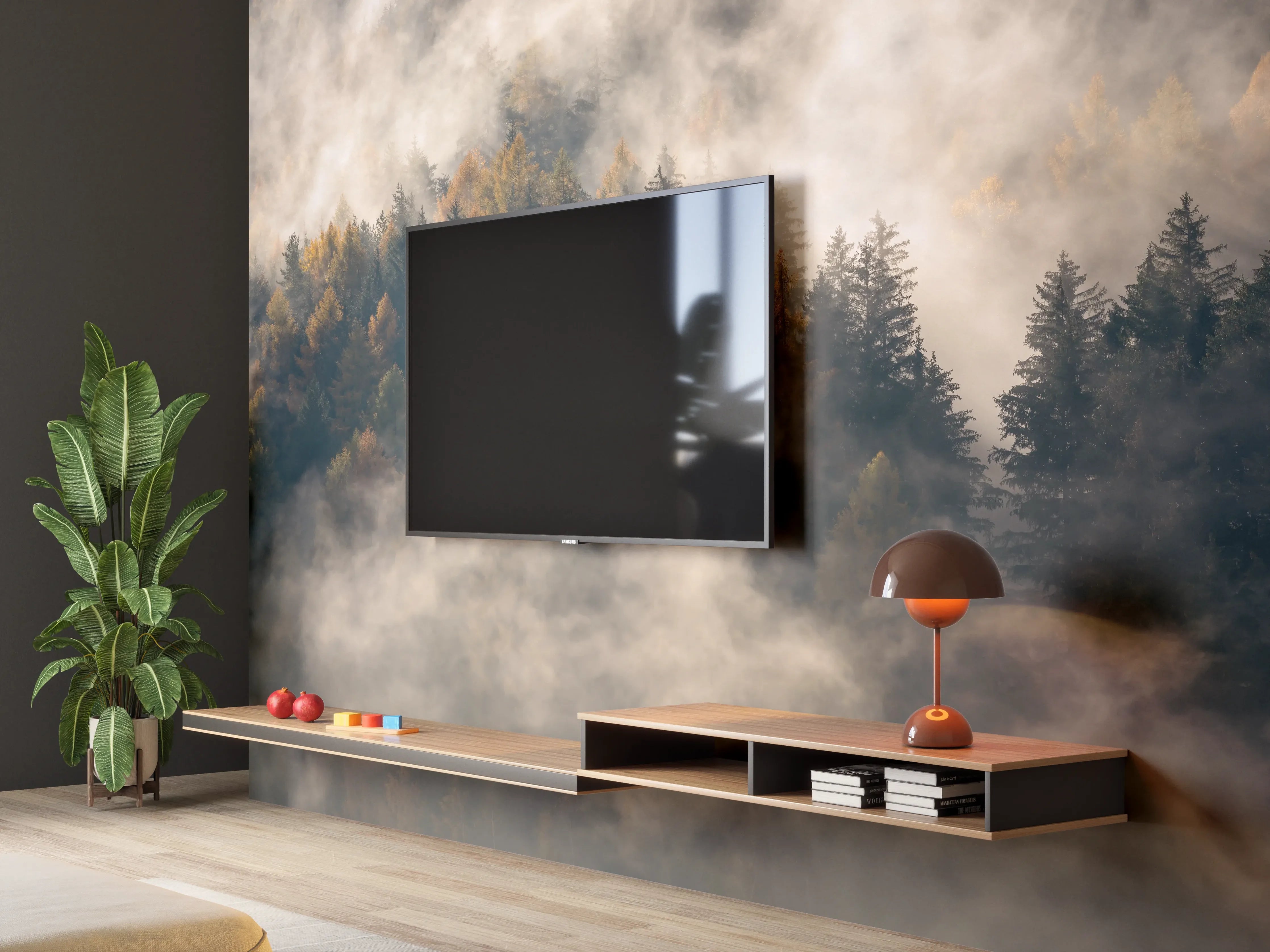 Wandverkleidung Wohnzimmer - Nebel im Wald