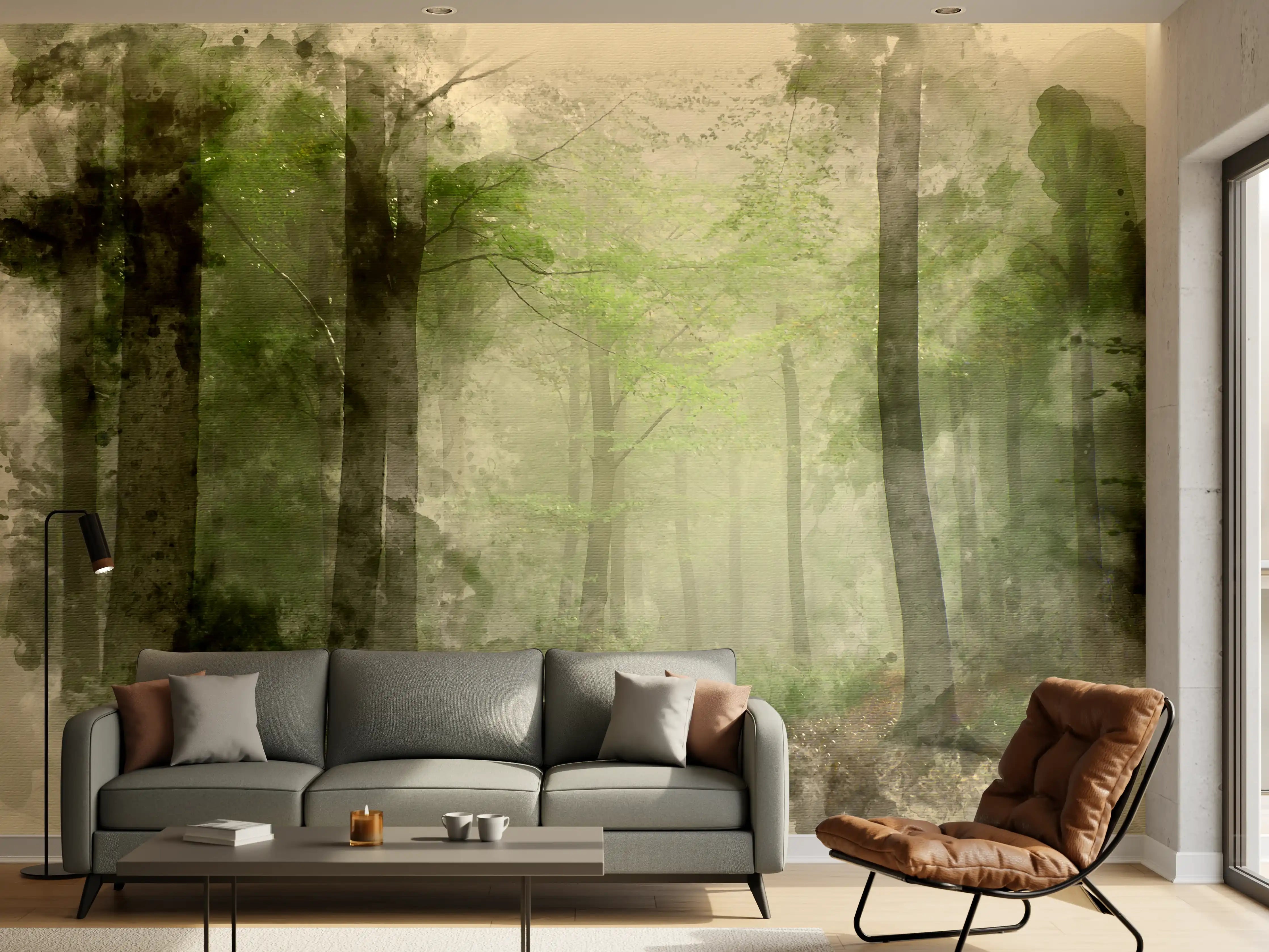 Wandverkleidung Wohnzimmer - Nebelgrauer Wald der Schatten