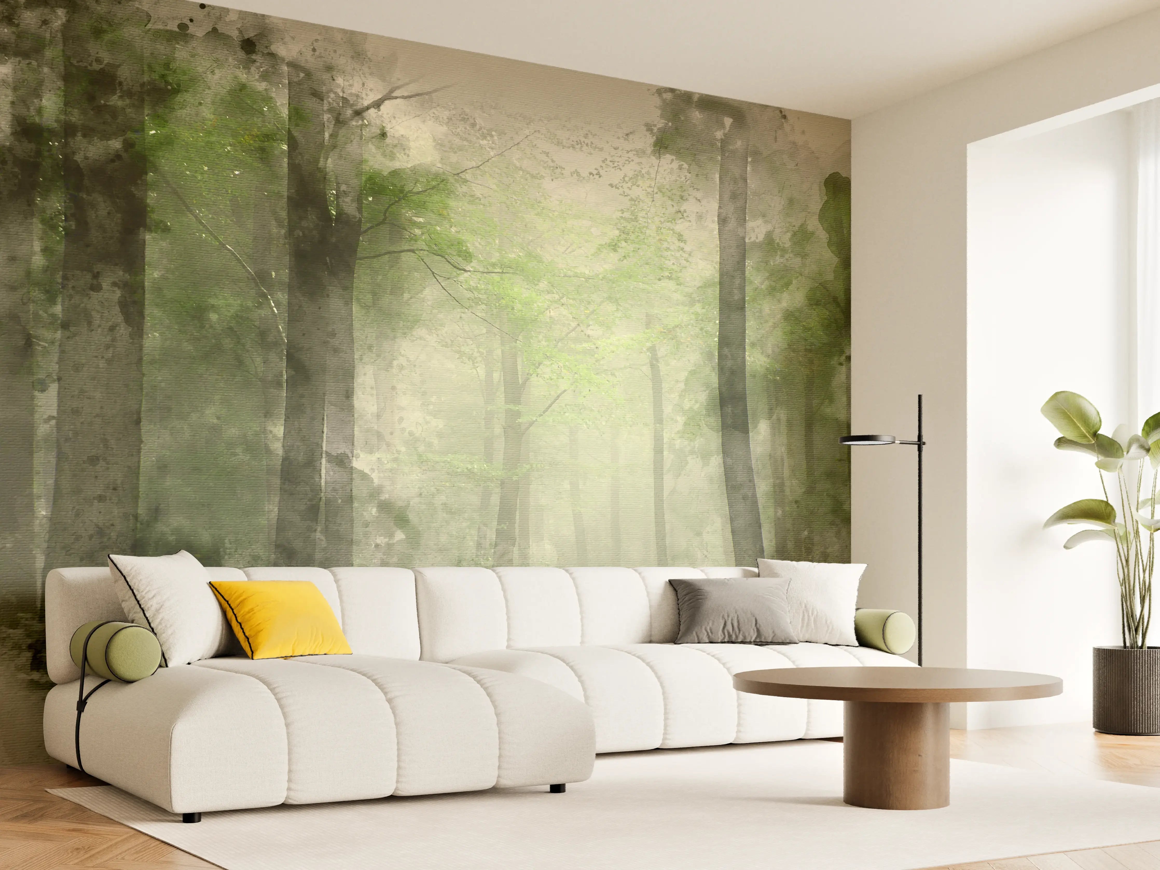 Wandverkleidung Wohnzimmer - Nebelgrauer Wald der Schatten