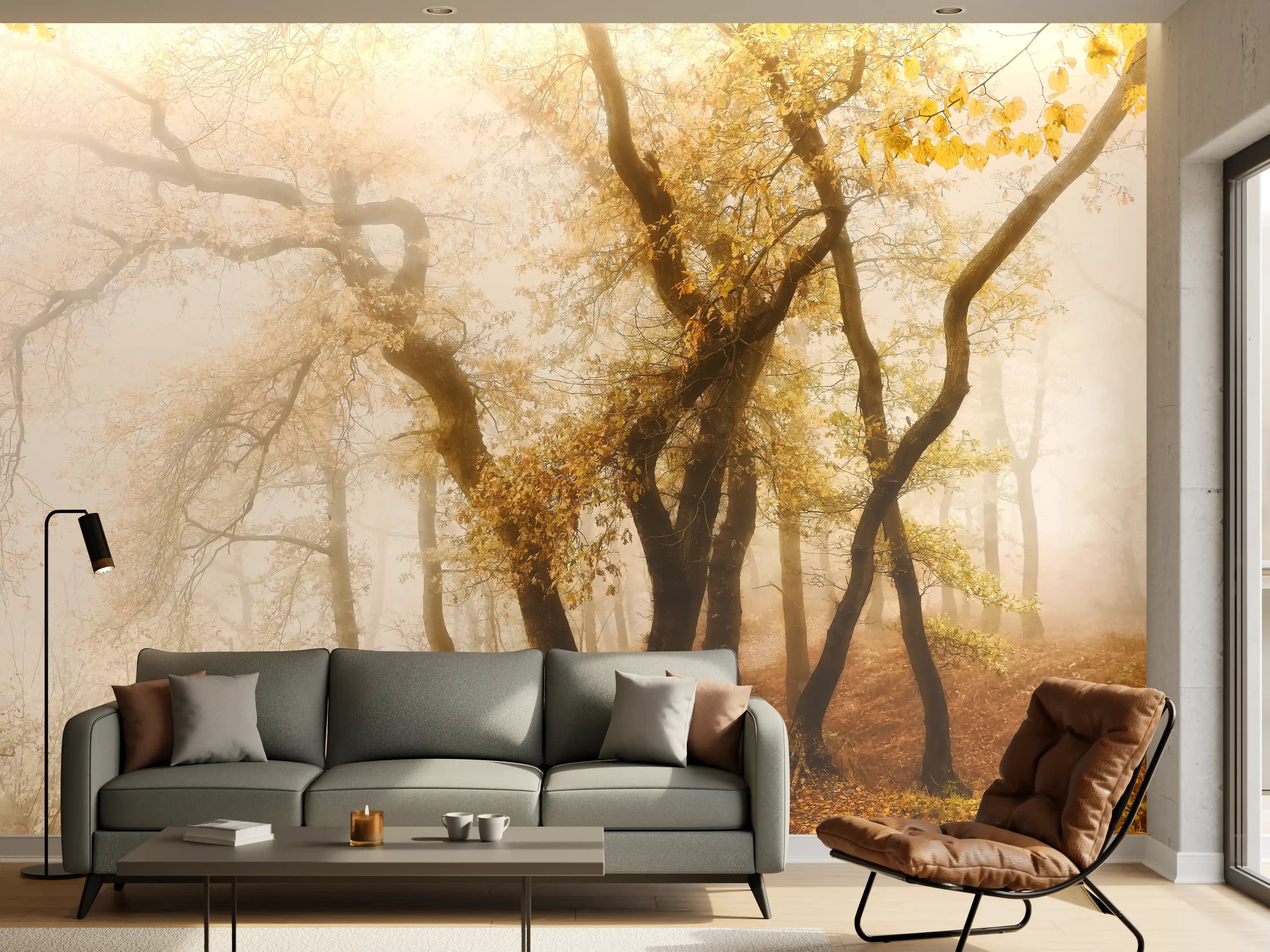 Wandverkleidung Wohnzimmer - Nebeliger Wald im Herbst