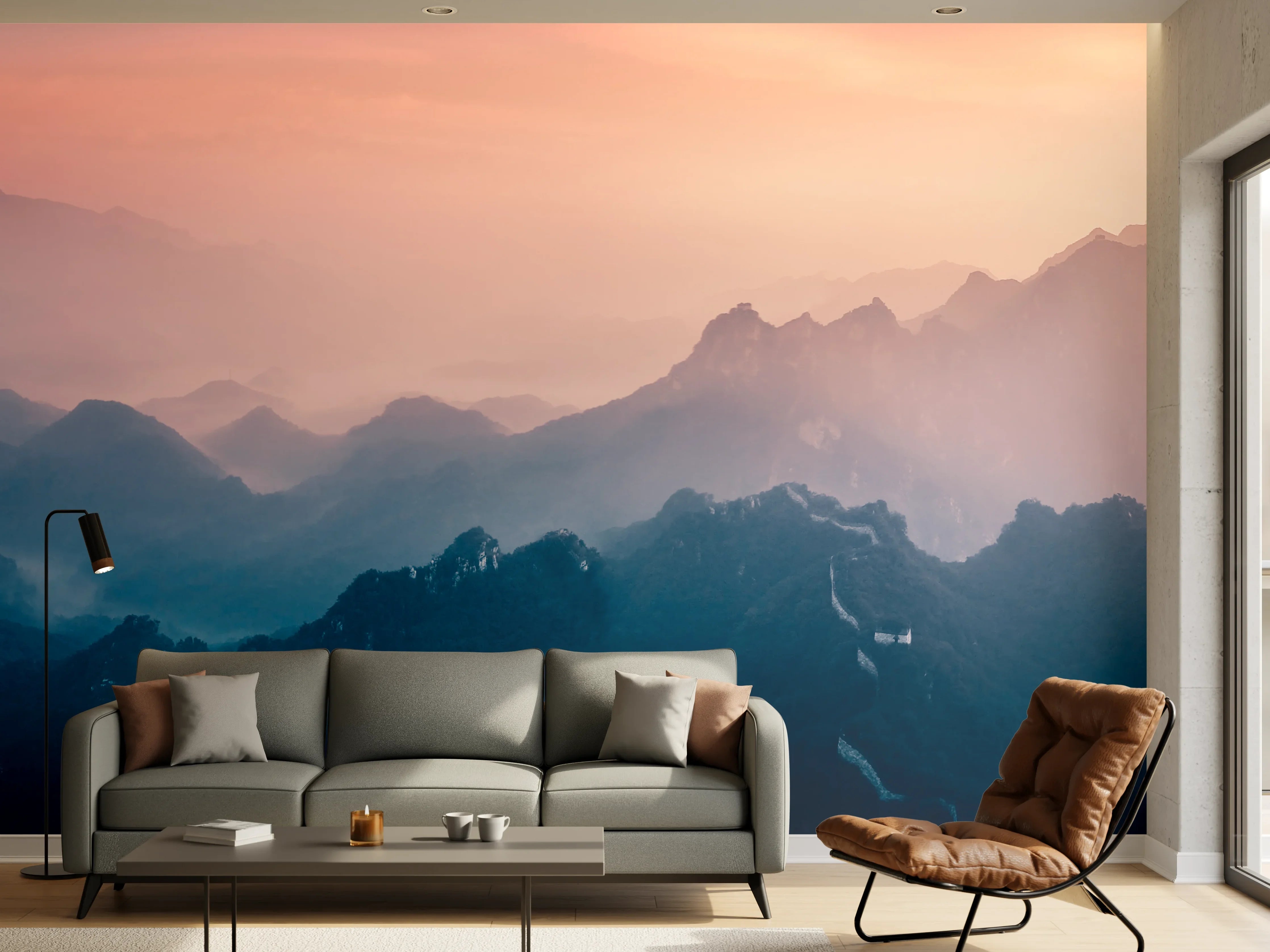 Wandverkleidung Wohnzimmer - Neblige Gipfel bei Morgengrauen