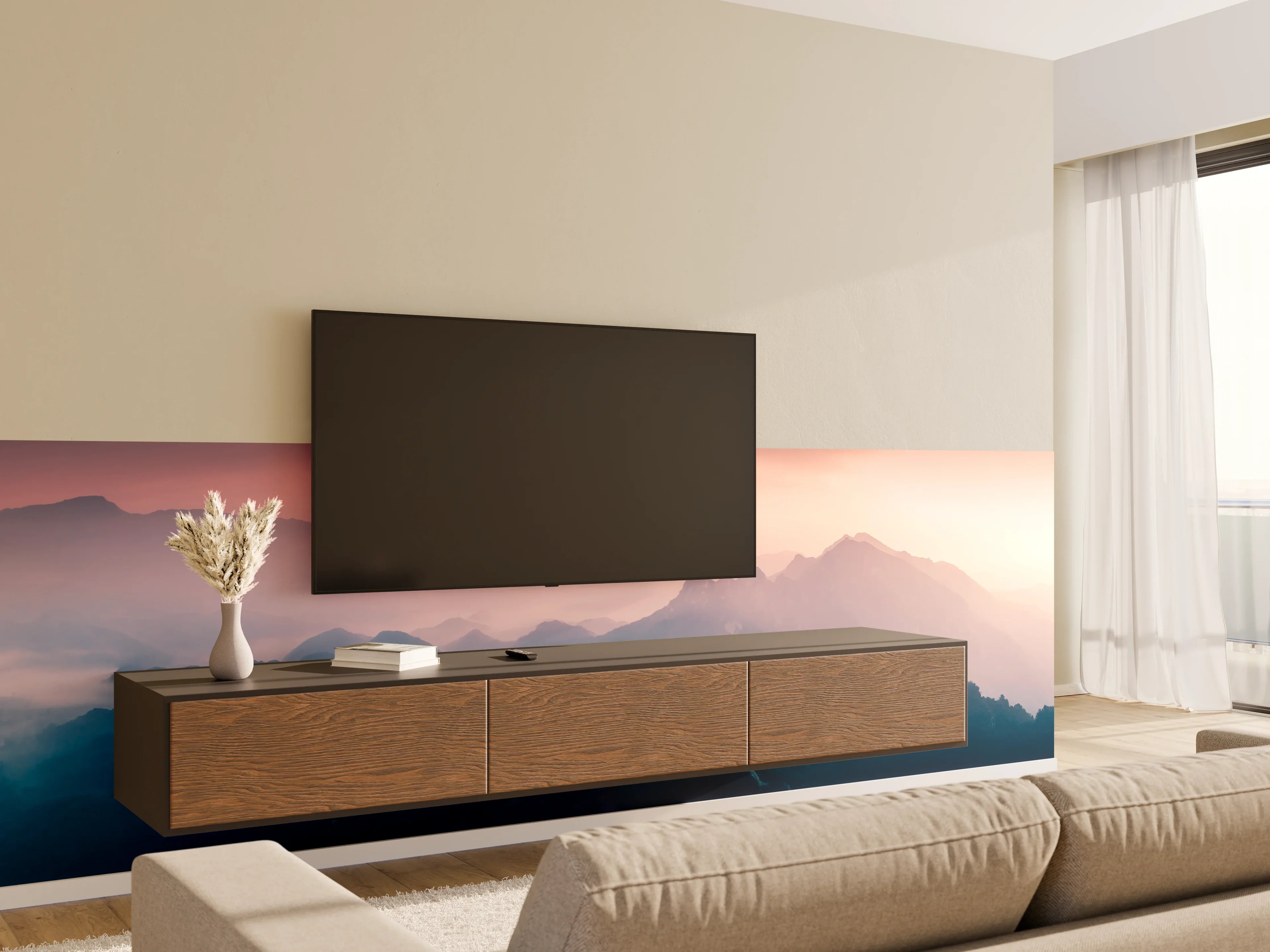 Wandverkleidung Wohnzimmer - Neblige Gipfel bei Morgengrauen