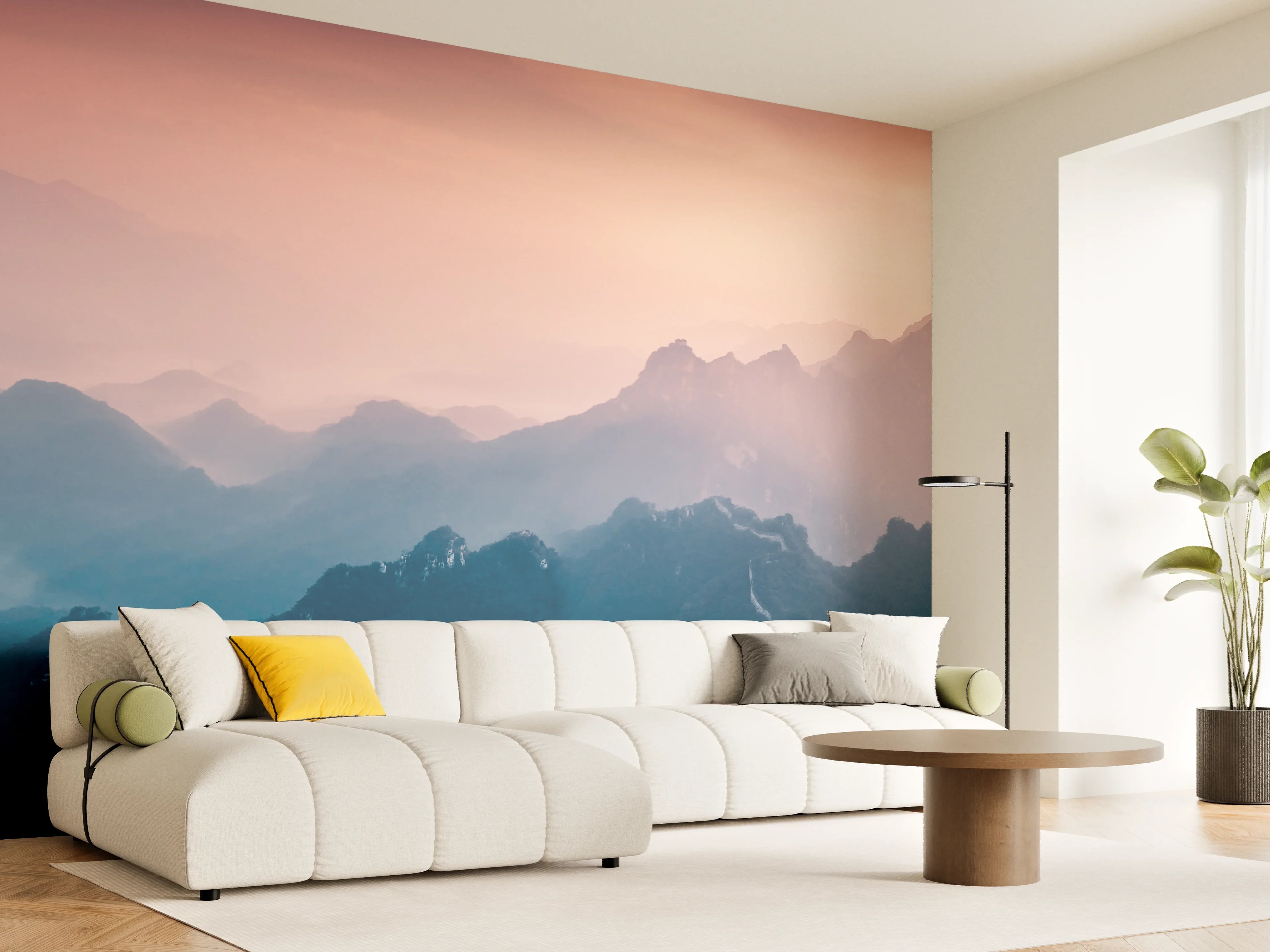 Wandverkleidung Wohnzimmer - Neblige Gipfel bei Morgengrauen