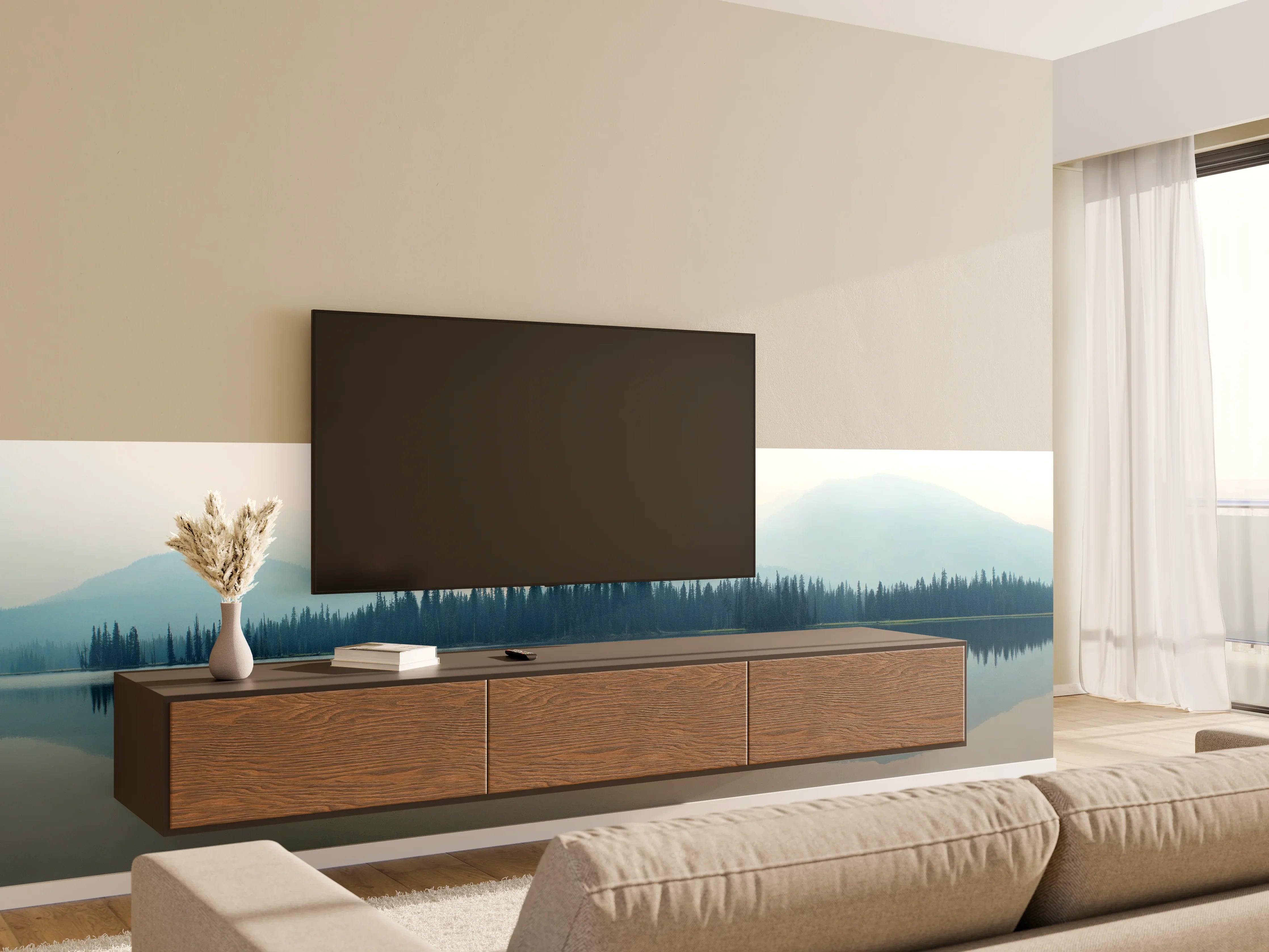 Wandverkleidung Wohnzimmer - Nebliger Bergsee
