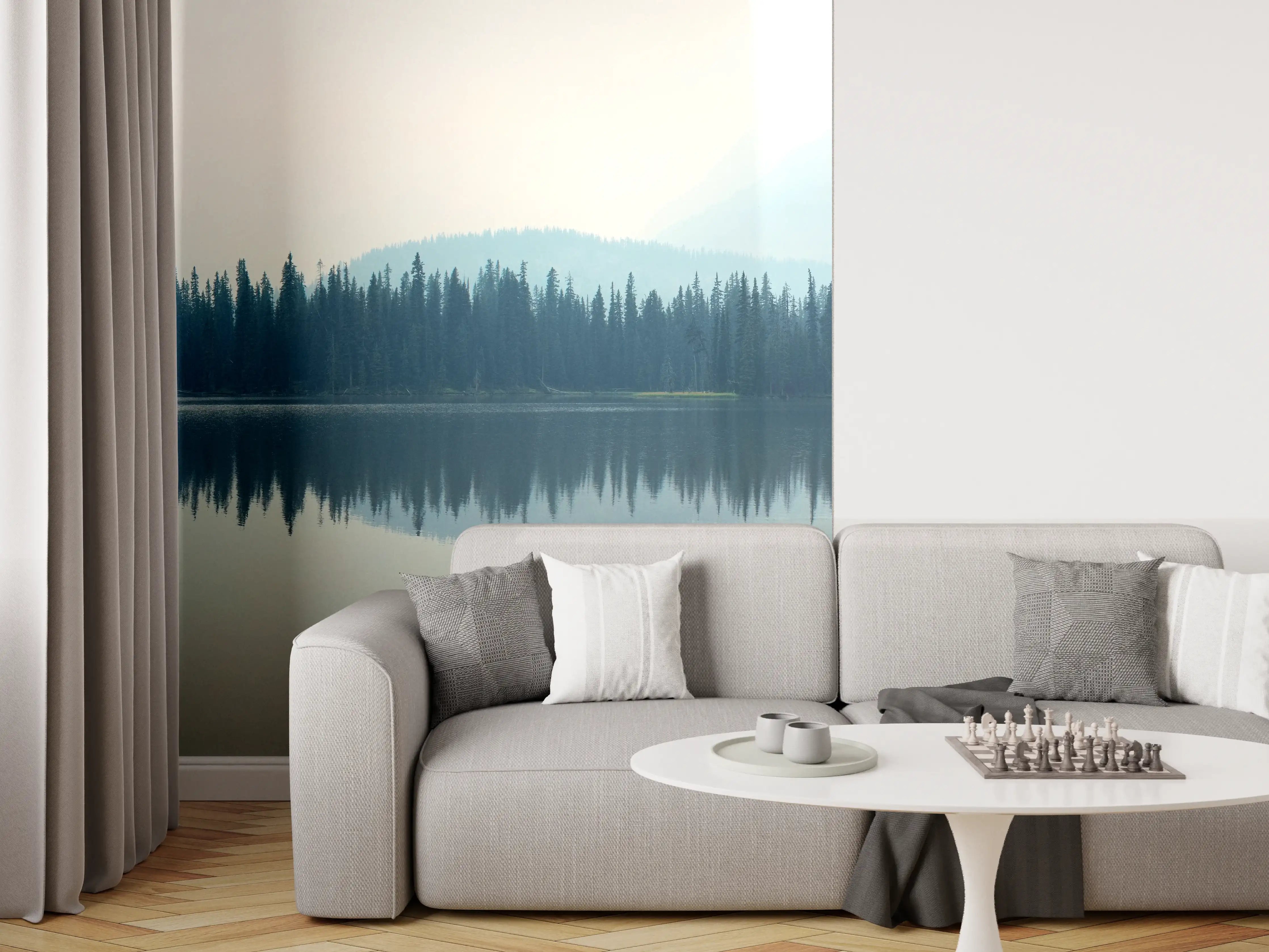 Wandverkleidung Wohnzimmer - Nebliger Bergsee