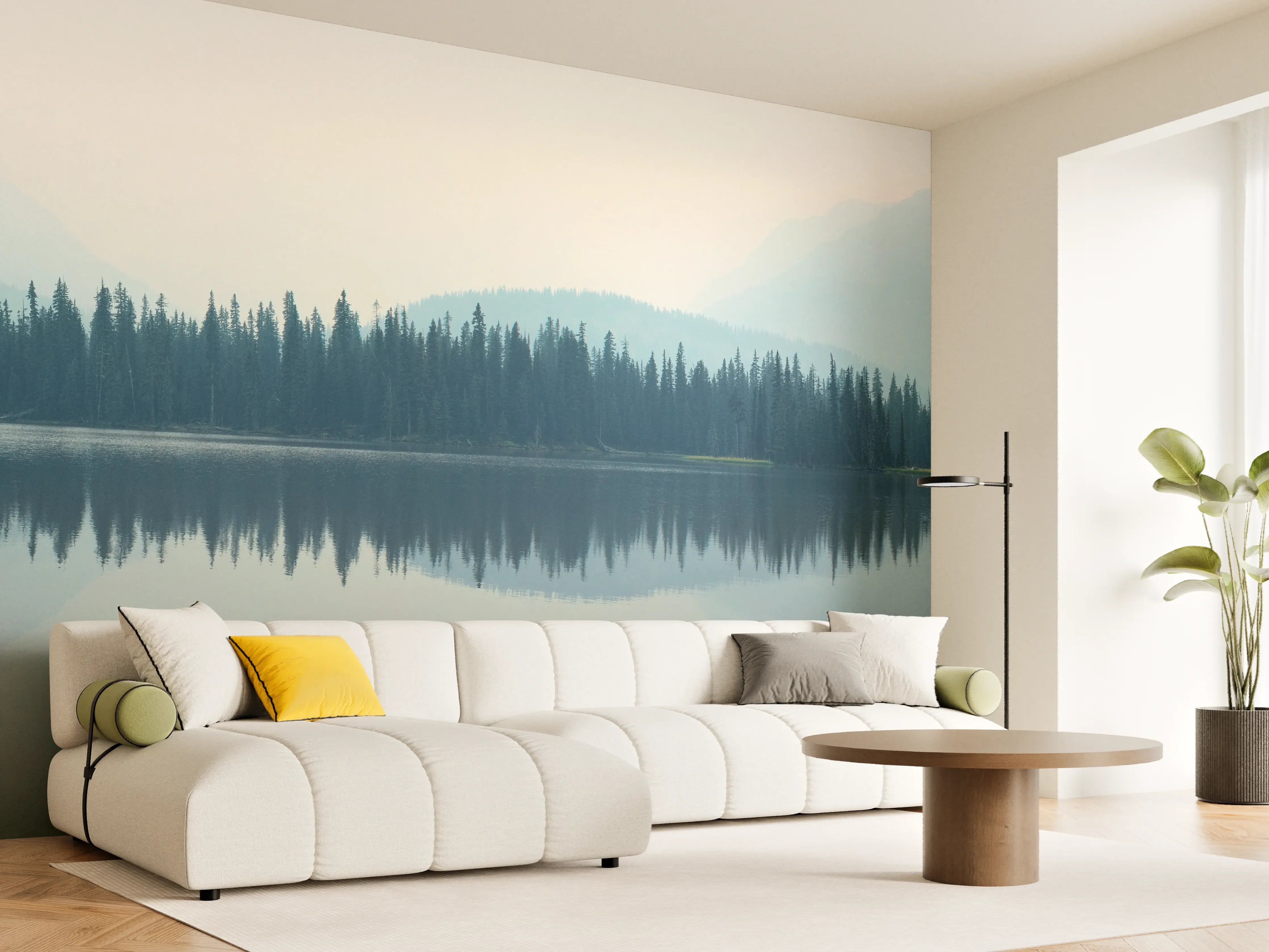 Wandverkleidung Wohnzimmer - Nebliger Bergsee