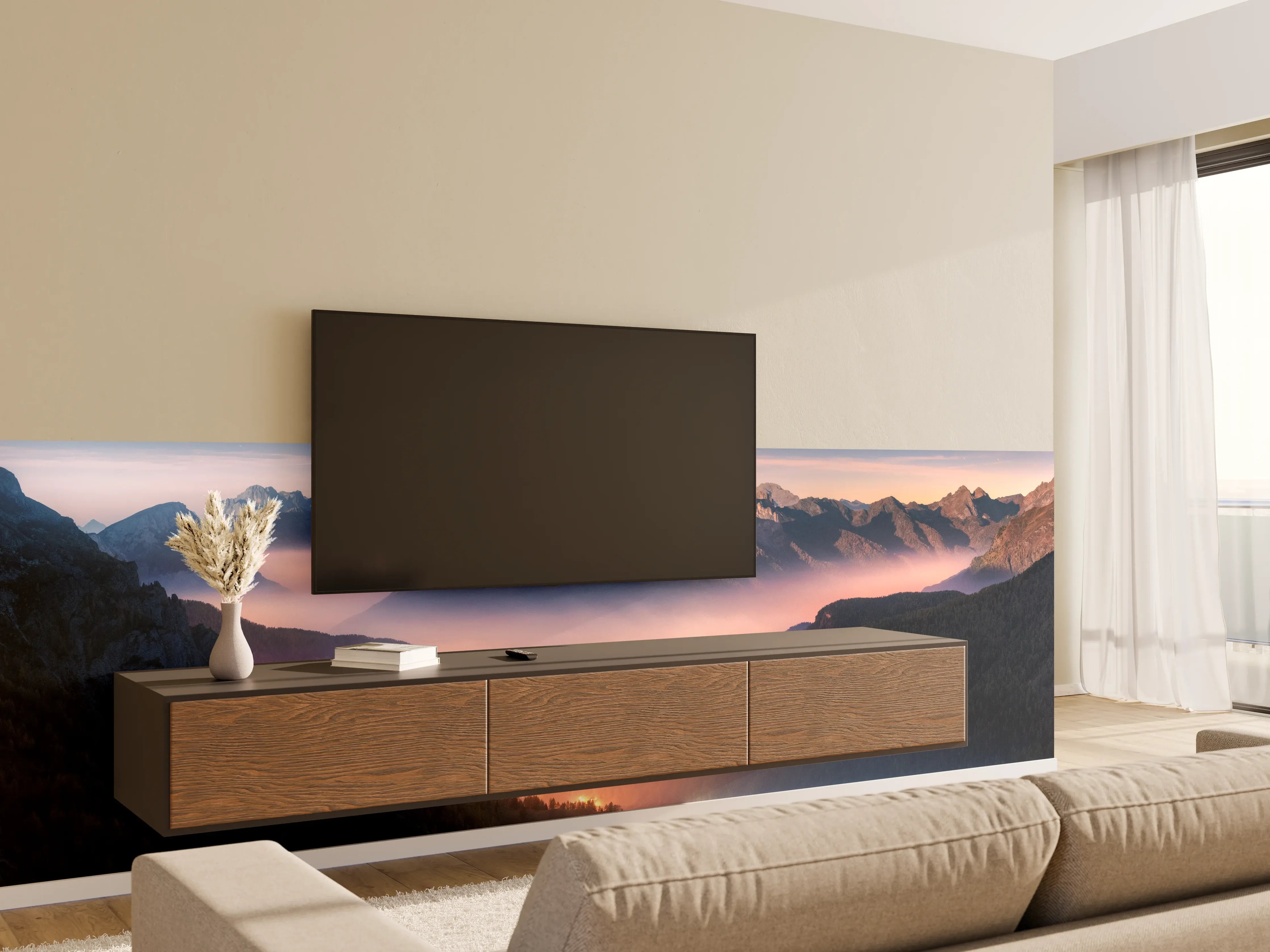 Wandverkleidung Wohnzimmer - Nebliger Blick auf Dolomiten