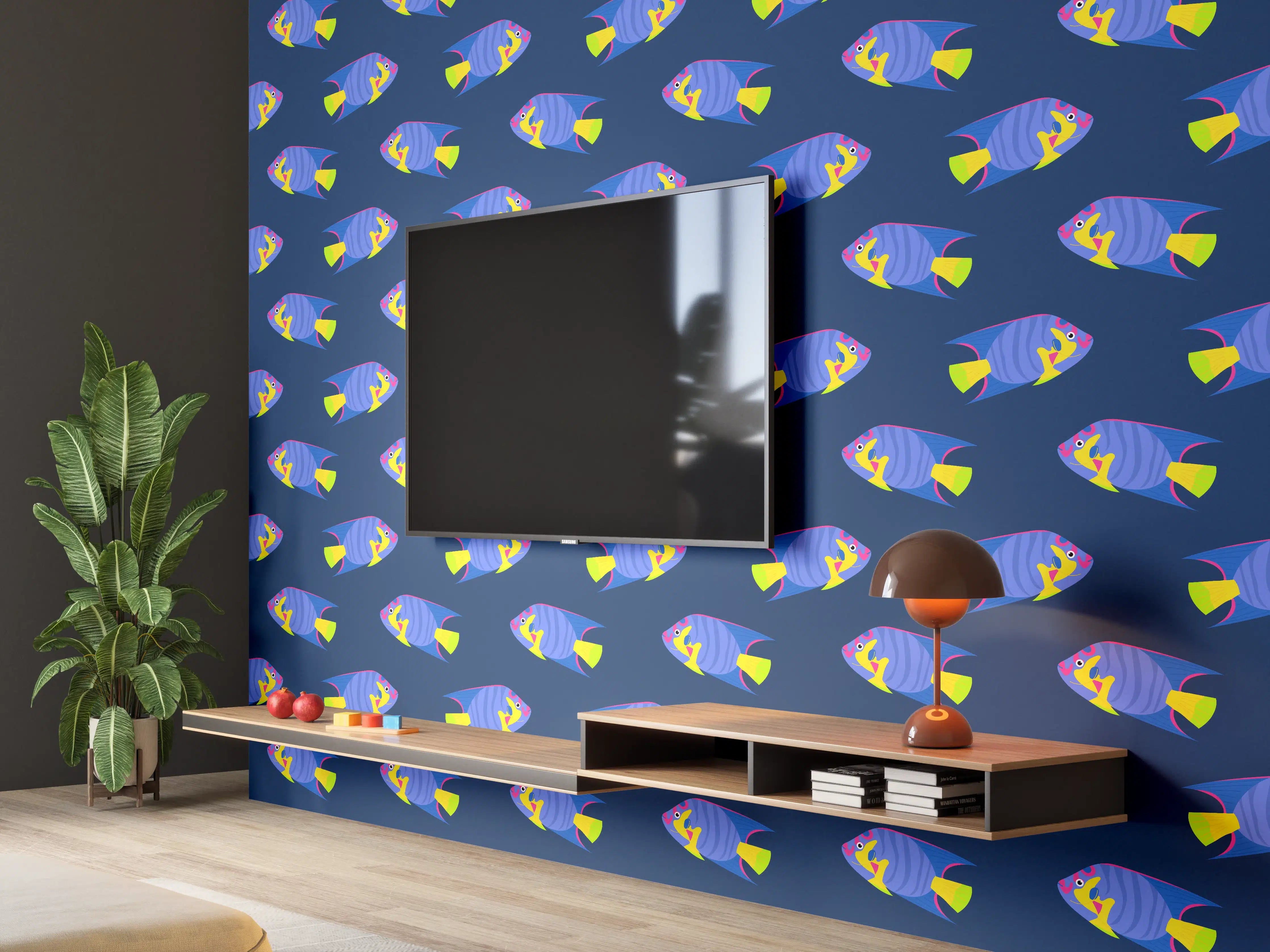 Wandverkleidung Wohnzimmer - Neon-Fische Blau-Gelb Muster