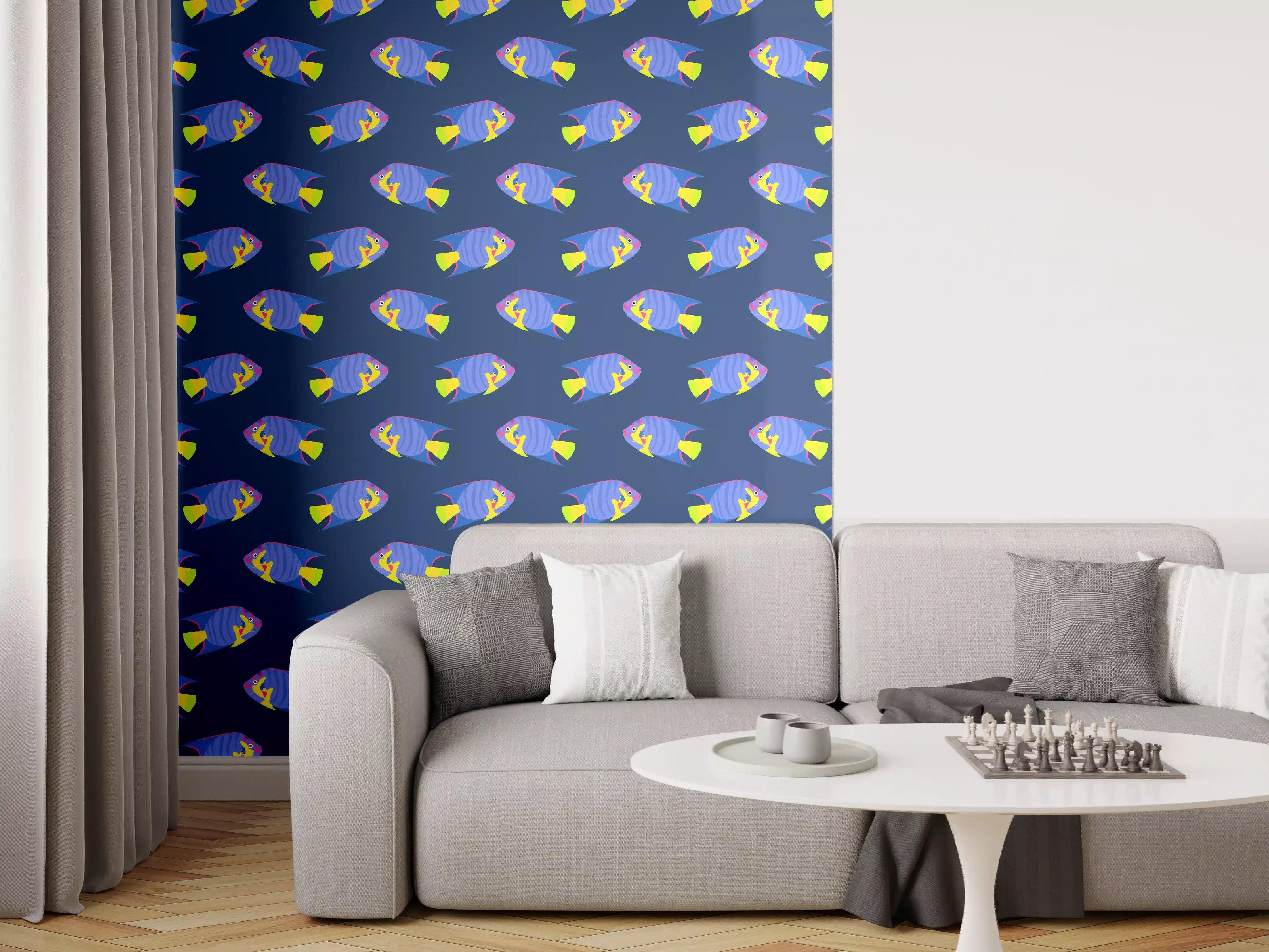 Wandverkleidung Wohnzimmer - Neon-Fische Blau-Gelb Muster