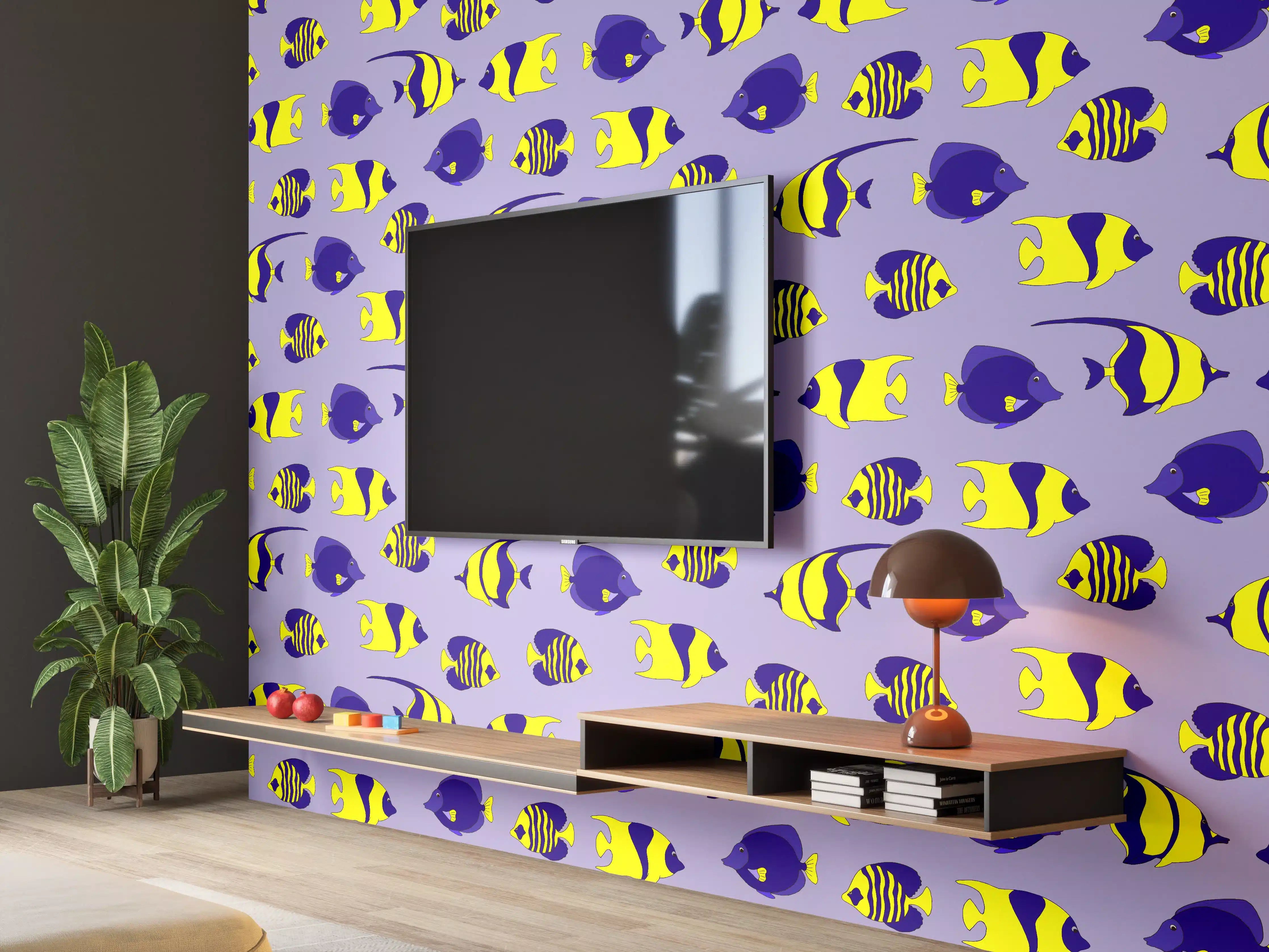 Wandverkleidung Wohnzimmer - Neon-Fische Gelb-Blau Muster