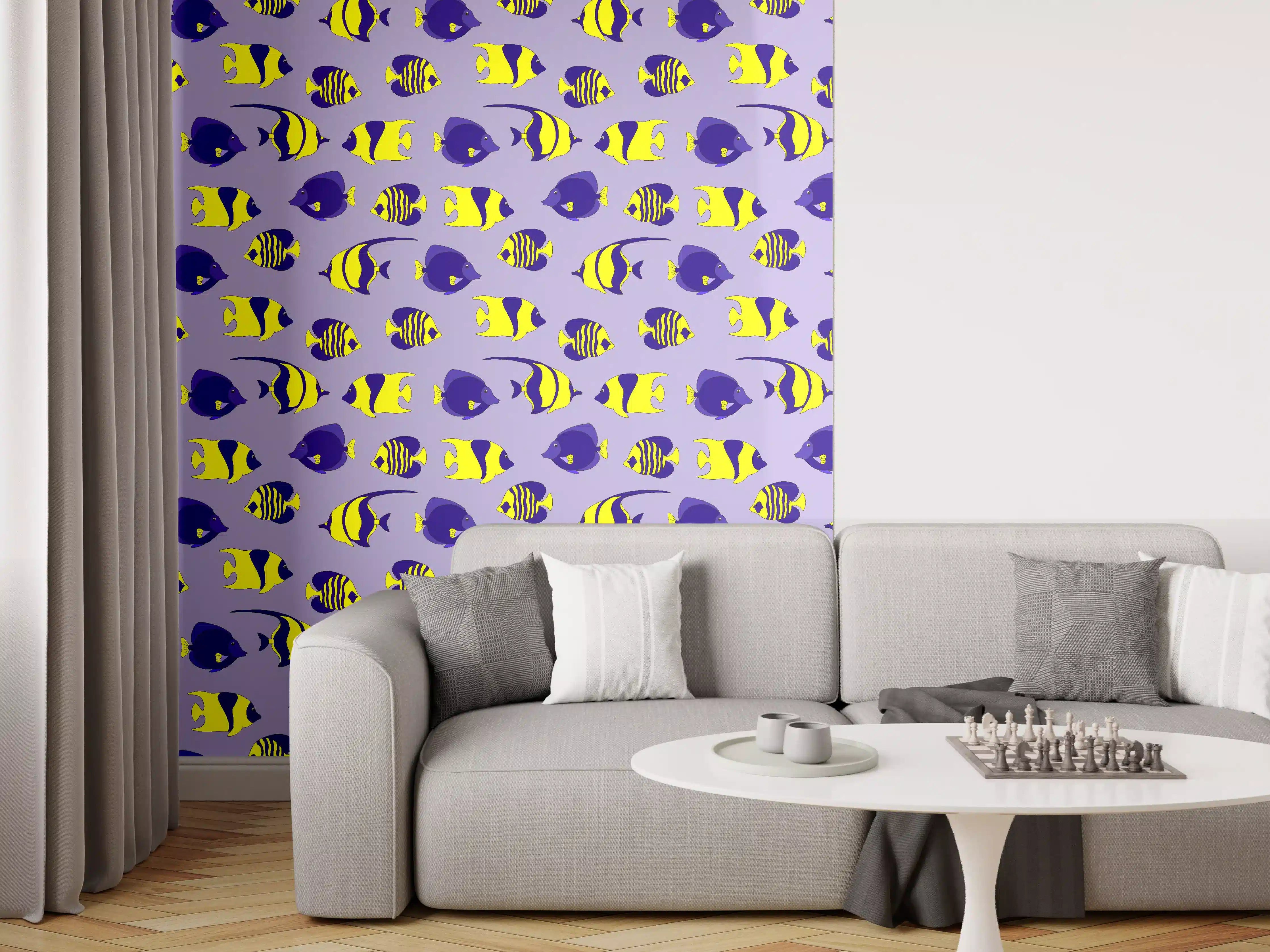 Wandverkleidung Wohnzimmer - Neon-Fische Gelb-Blau Muster