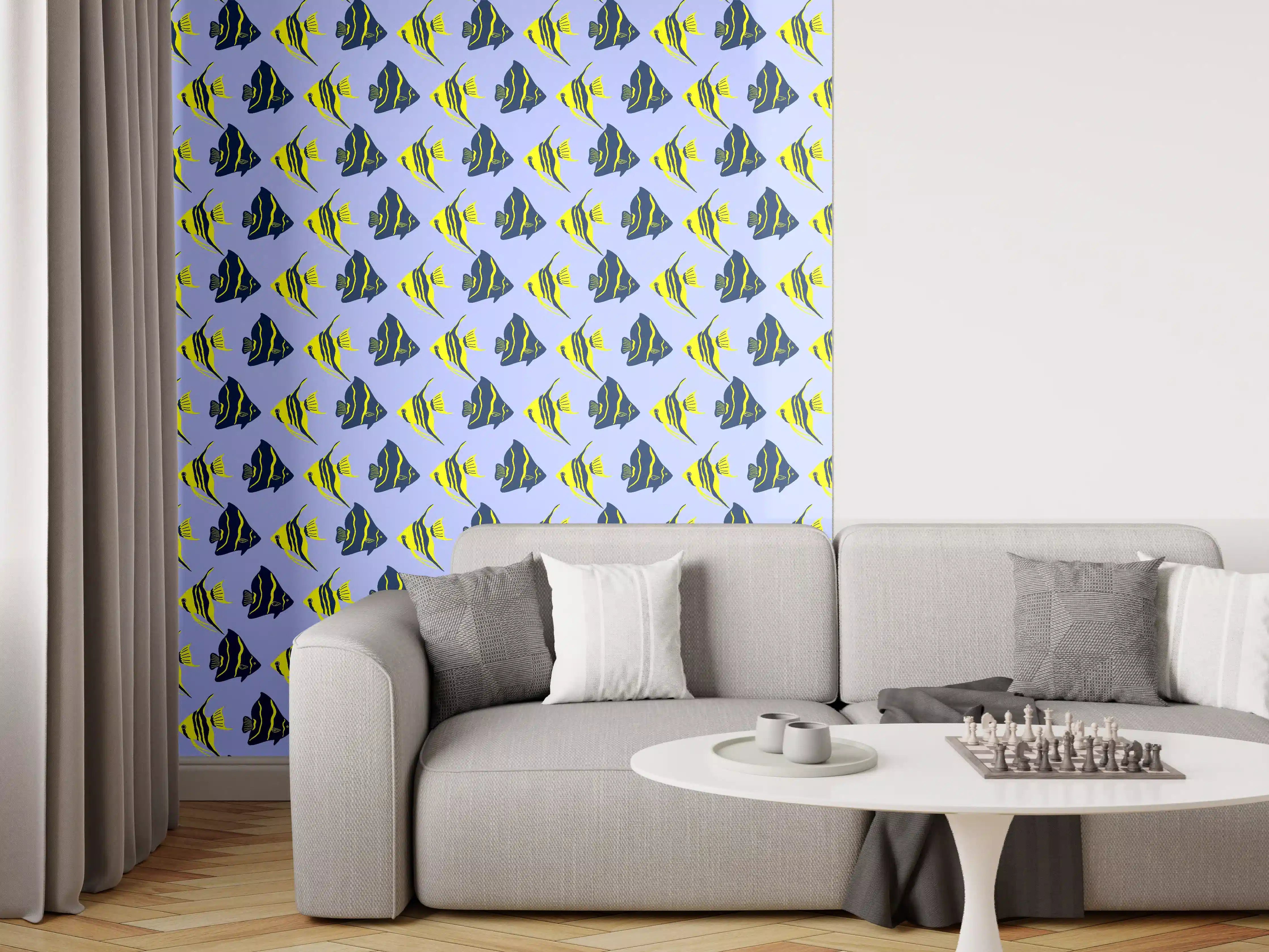 Wandverkleidung Wohnzimmer - Neon-Fischmuster Blau Gelb
