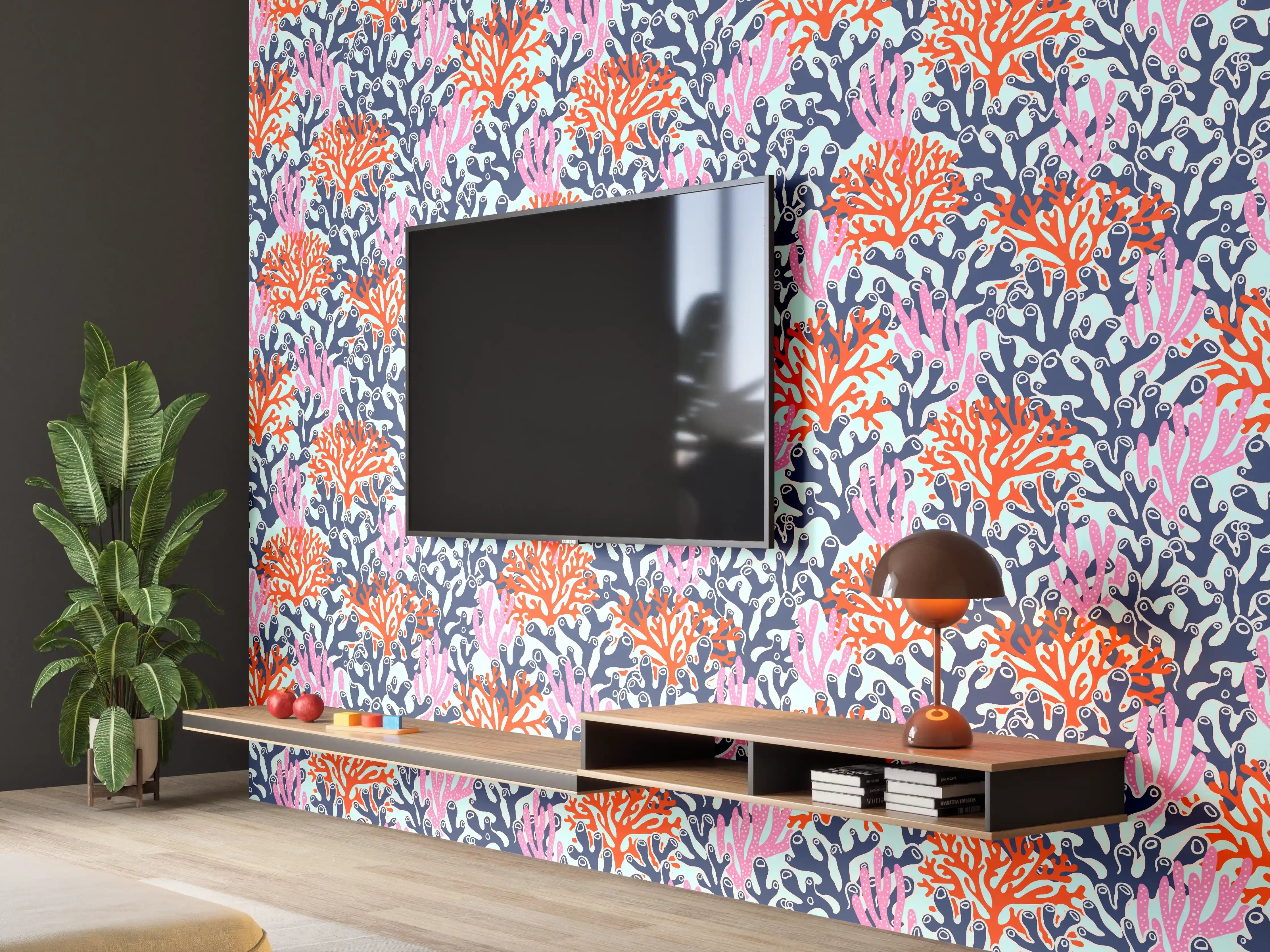 Wandverkleidung Wohnzimmer - Neon-Korallen Blau Orange Pink
