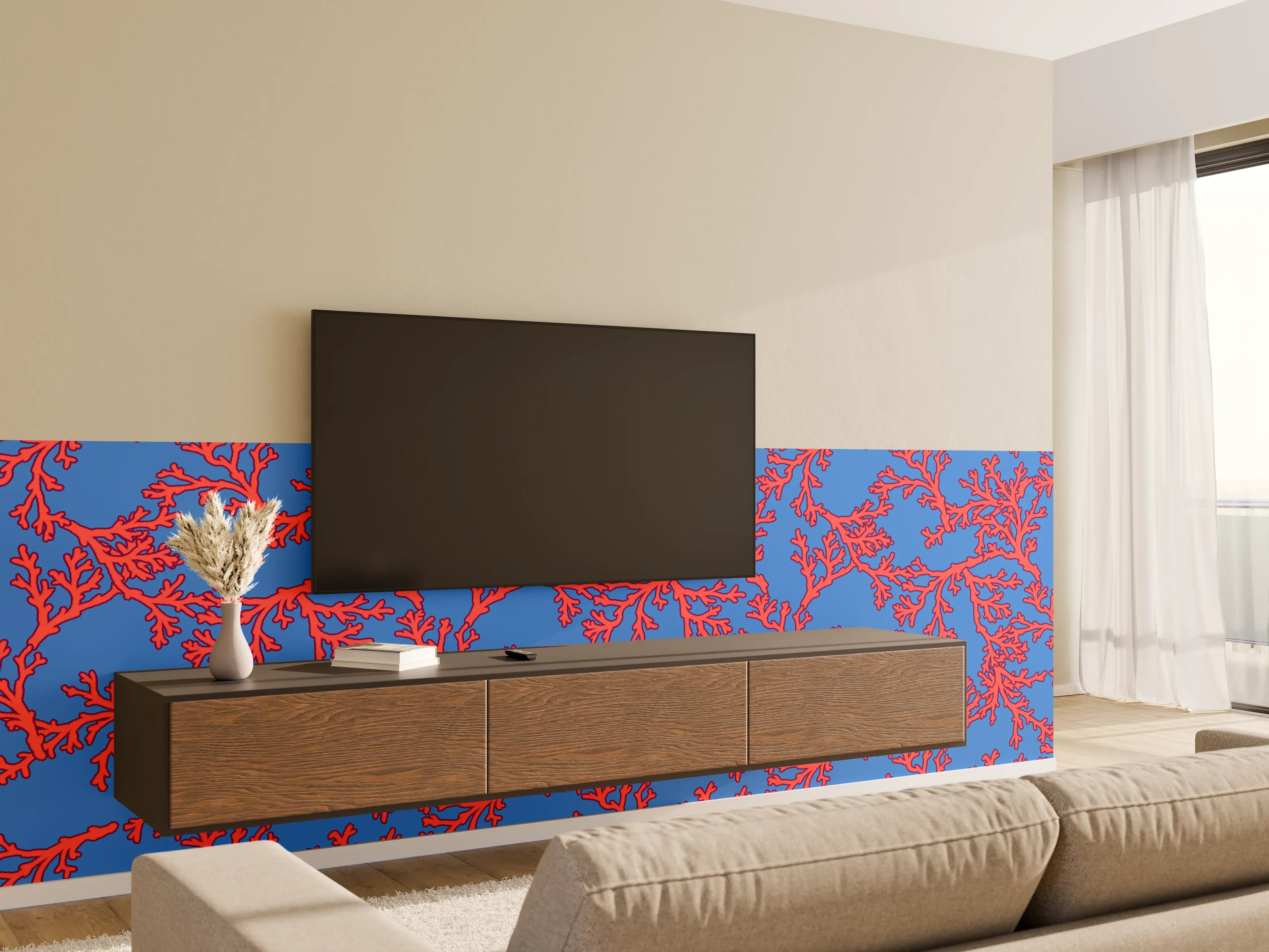 Wandverkleidung Wohnzimmer - Neon-Korallen Blau-Rot
