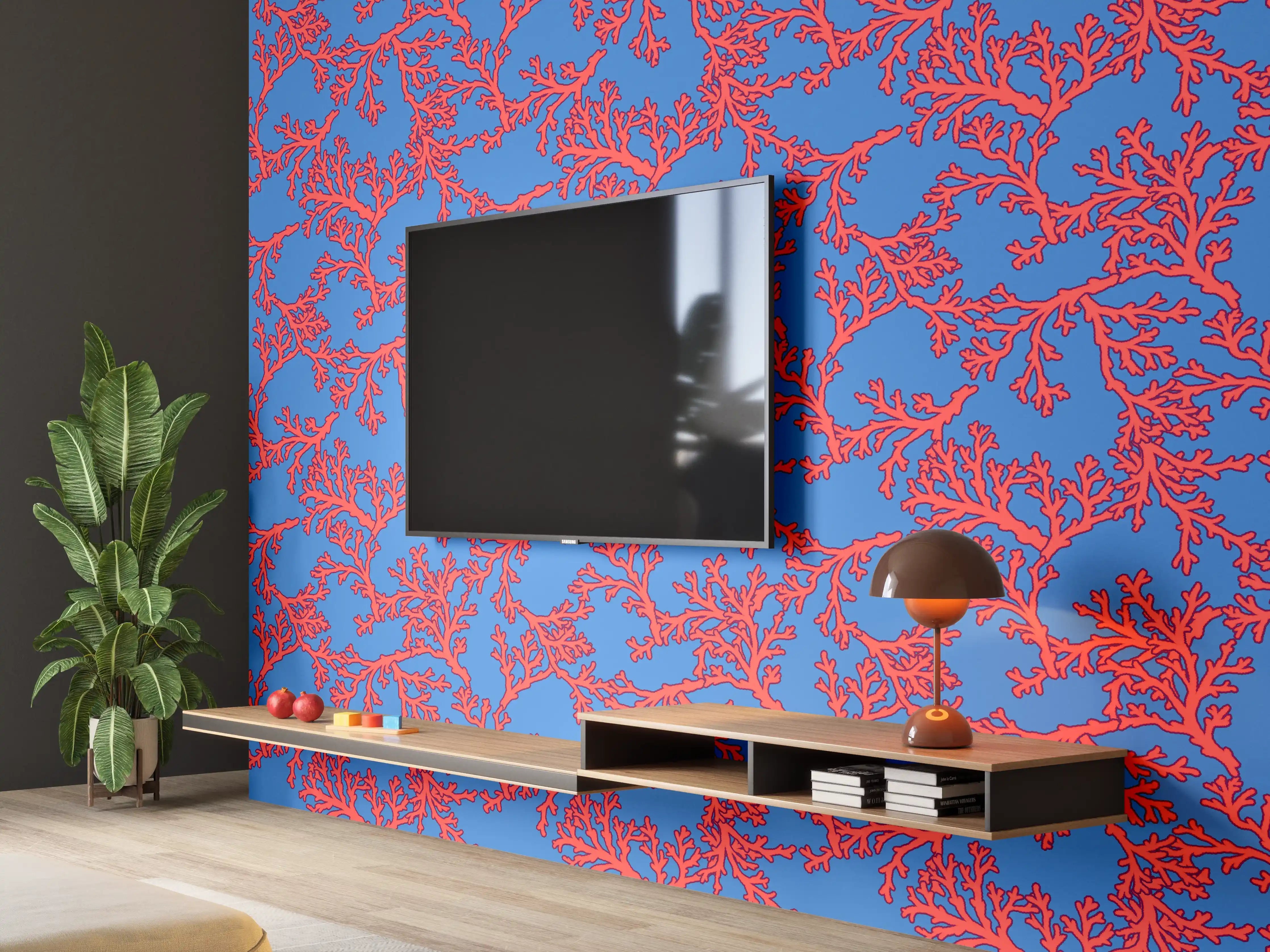 Wandverkleidung Wohnzimmer - Neon-Korallen Blau-Rot