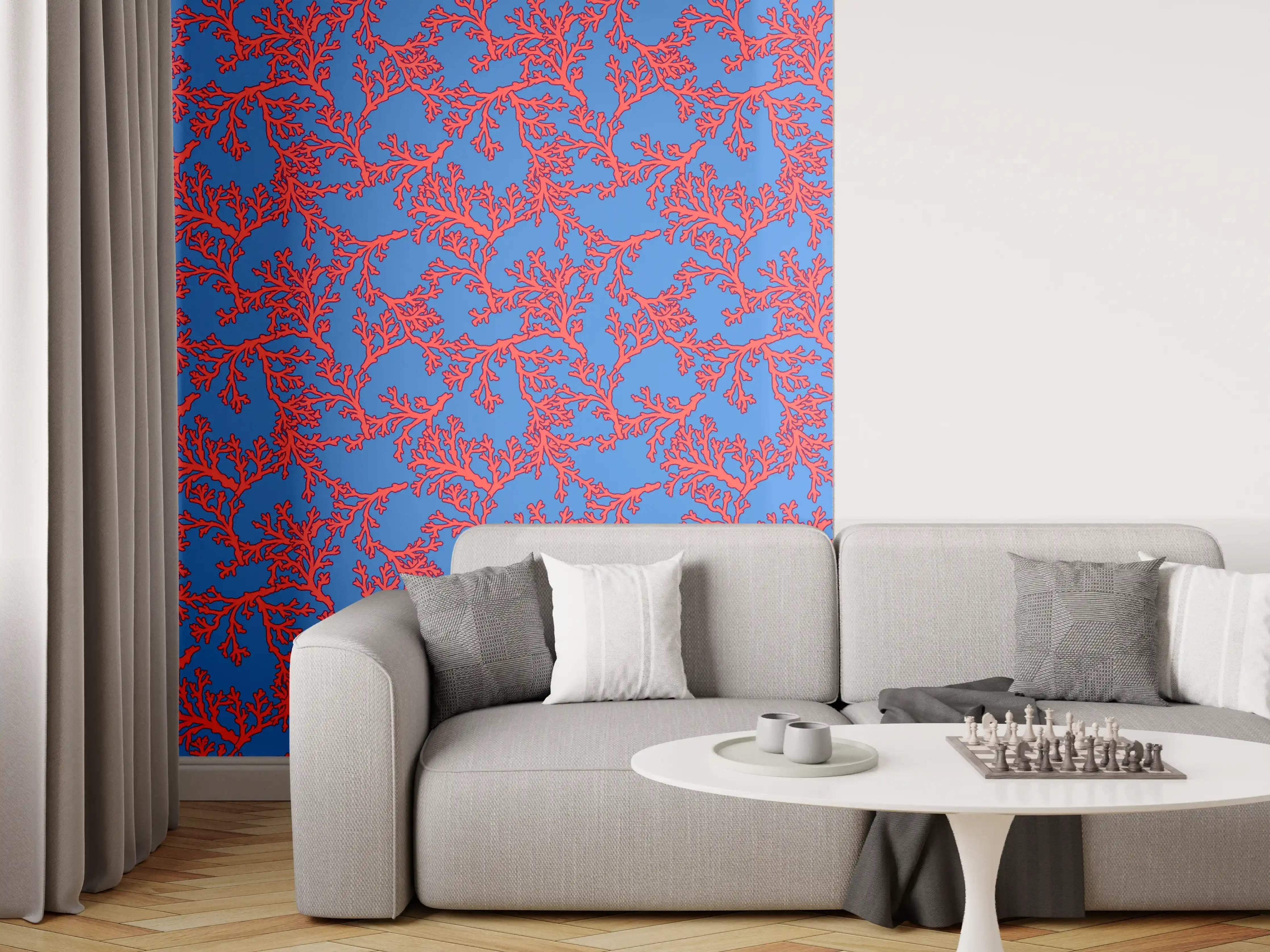 Wandverkleidung Wohnzimmer - Neon-Korallen Blau-Rot