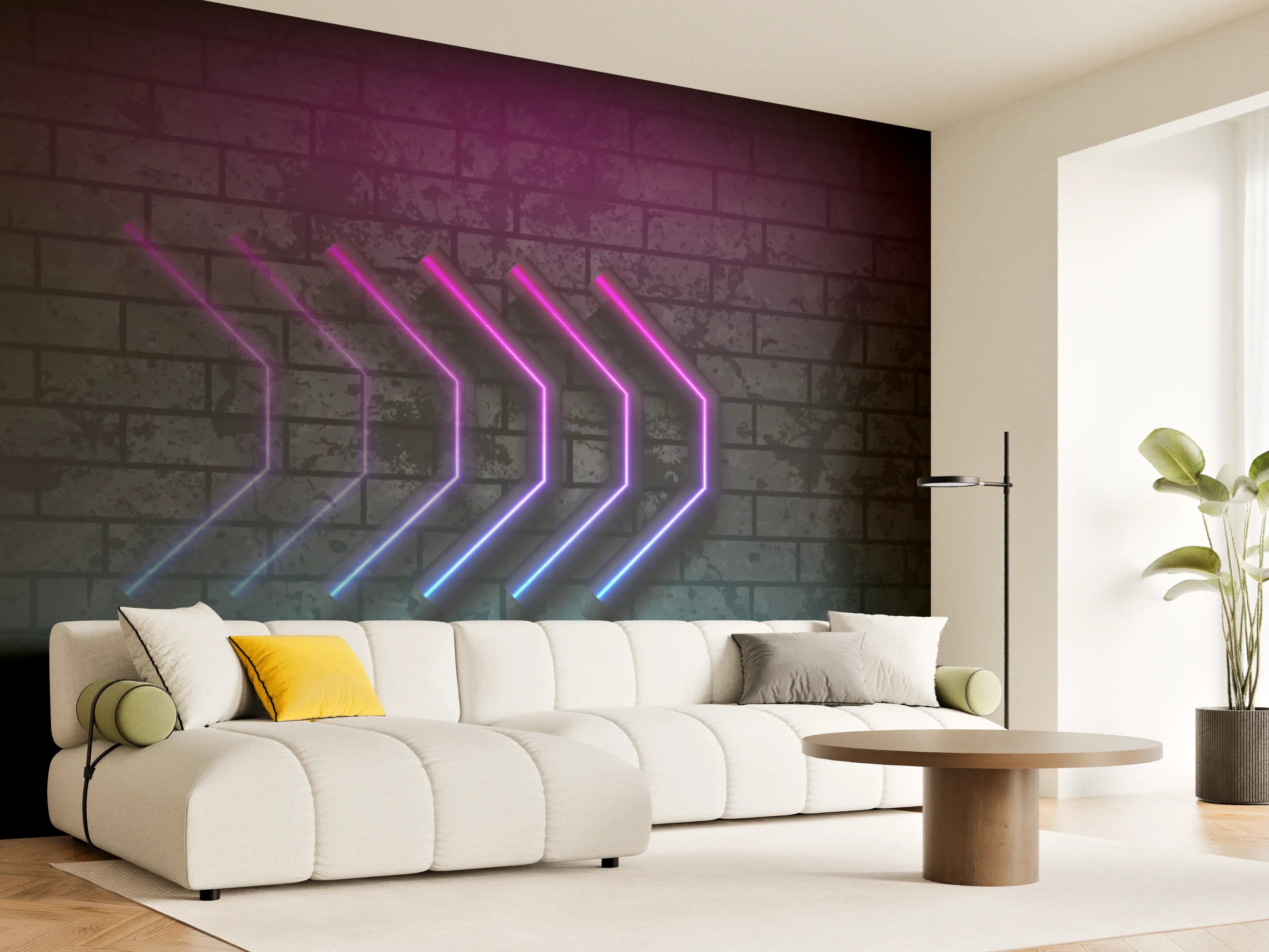 Wandverkleidung Wohnzimmer - Neon-Leuchtpfade in dunkler Wandkulisse