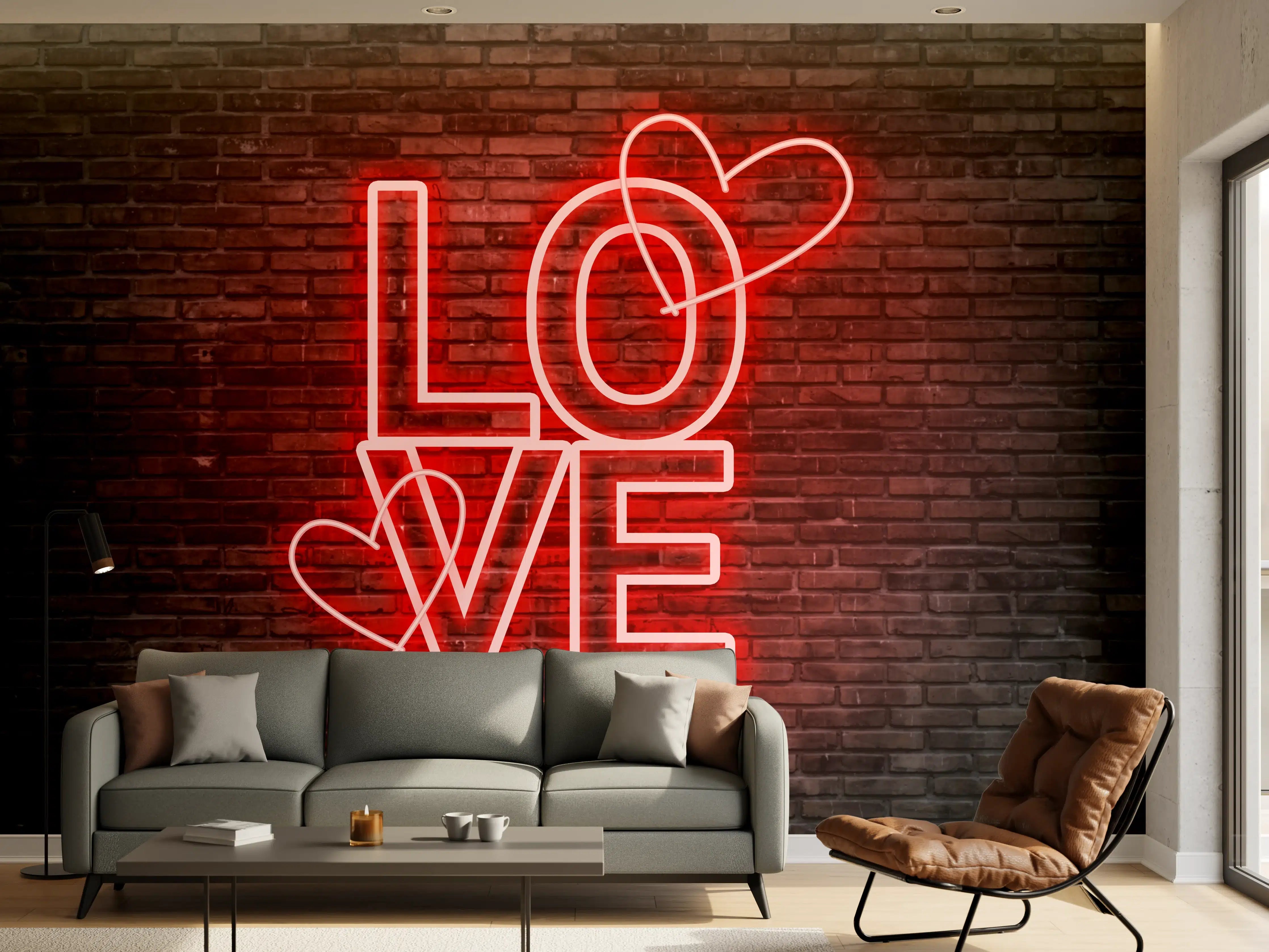 Wandverkleidung Wohnzimmer - Neon Love-Design an Ziegelwand